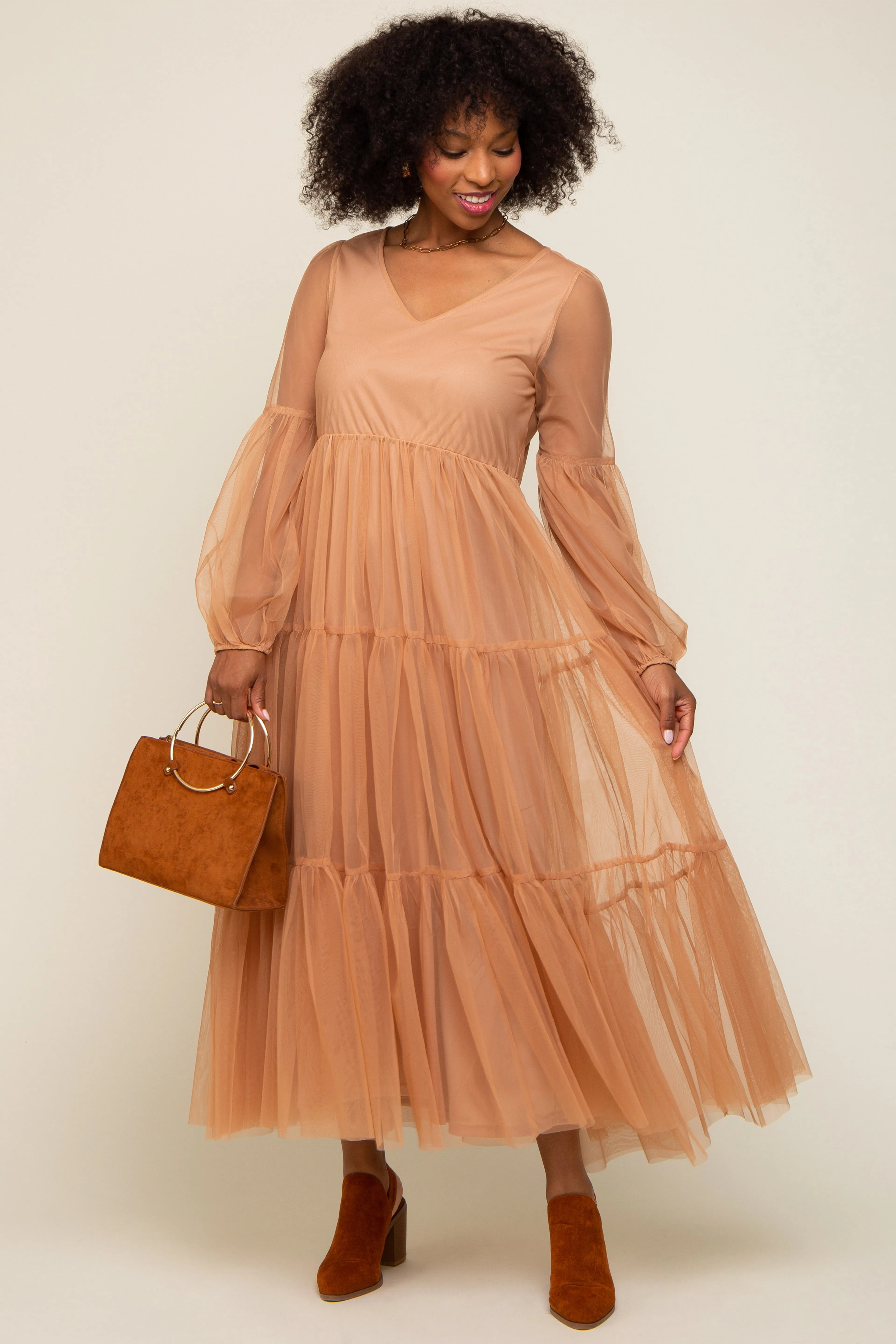 Rust Mesh Overlay Tiered Maternity Maxi Dress sold by Pinkblush product image thumbnail 5