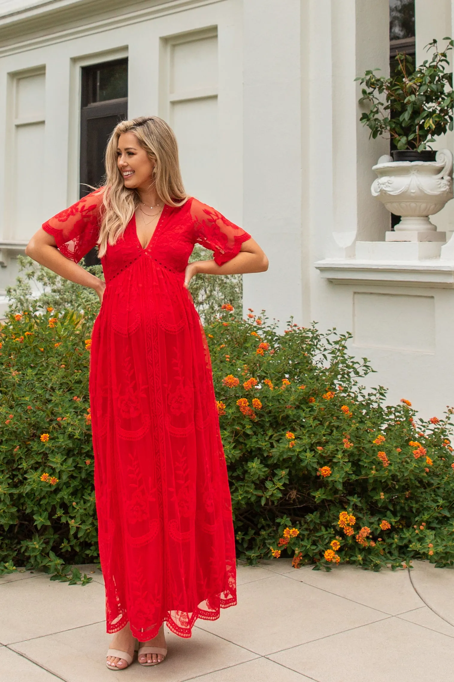 PinkBlush Red Lace Mesh Overlay Maternity Maxi Dress sold by Pinkblush product image thumbnail 5