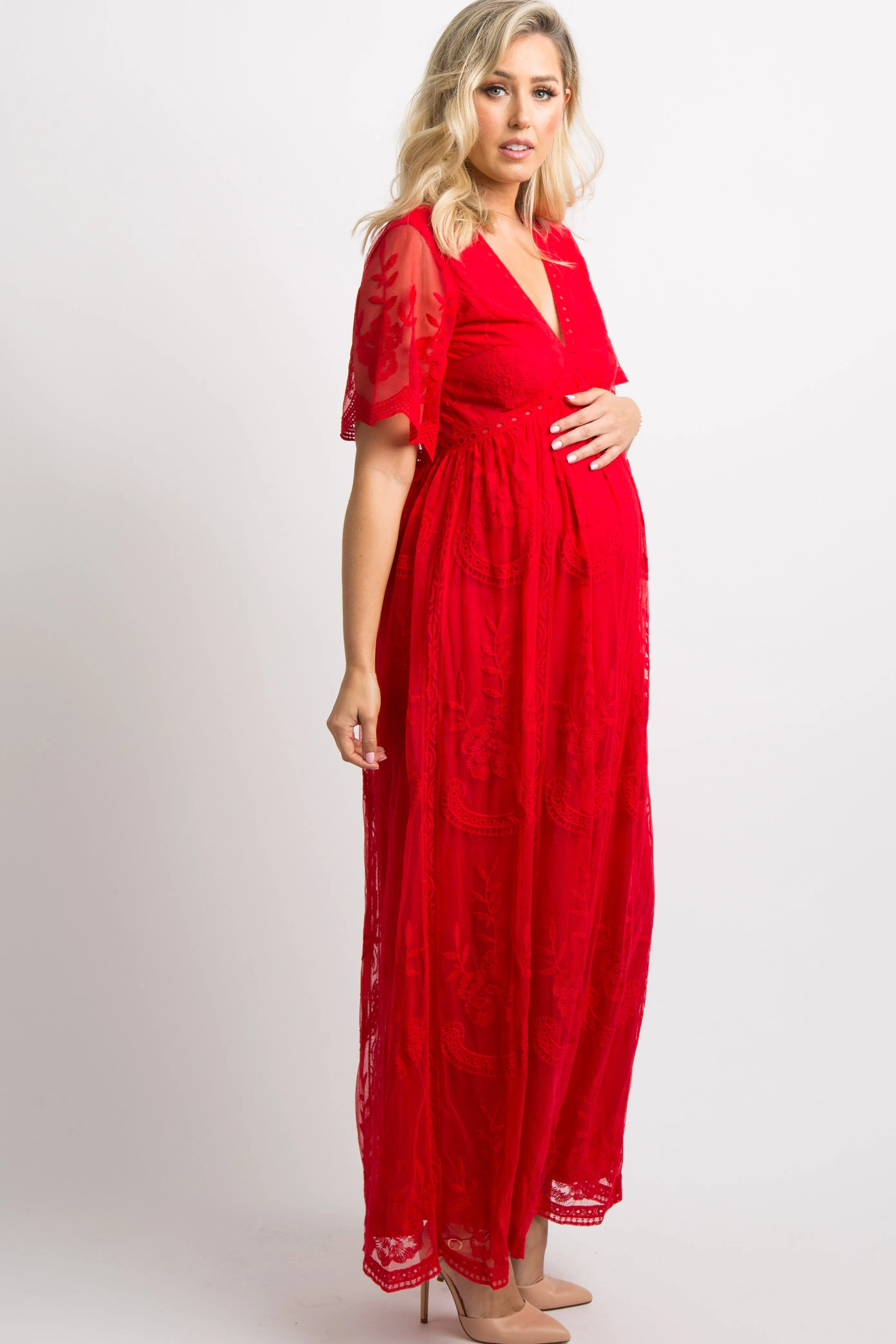 PinkBlush Red Lace Mesh Overlay Maternity Maxi Dress sold by Pinkblush product image thumbnail 2