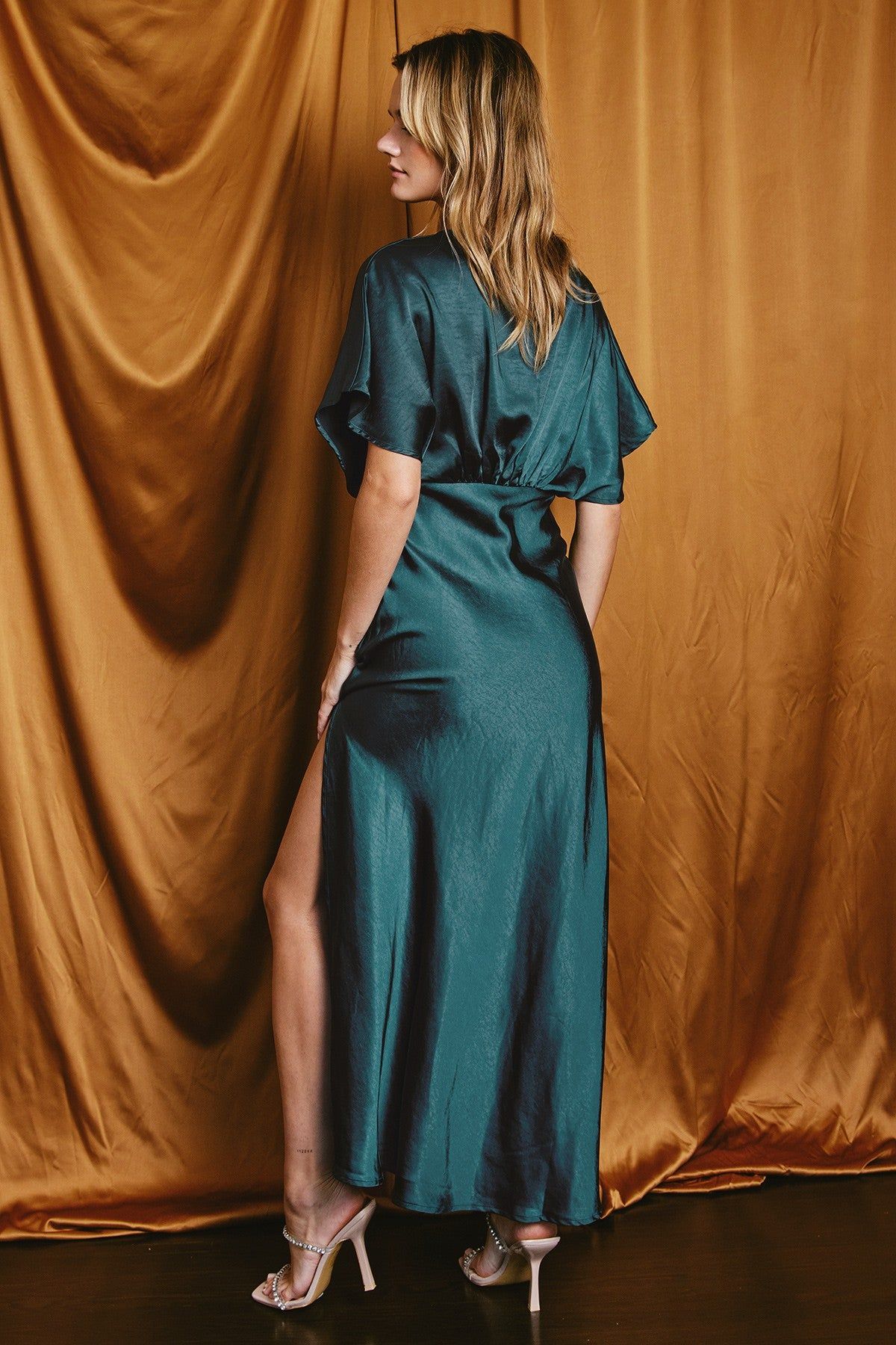 Deep Teal Satin Blouson Maxi Dress sold by Pinkblush product image thumbnail 3