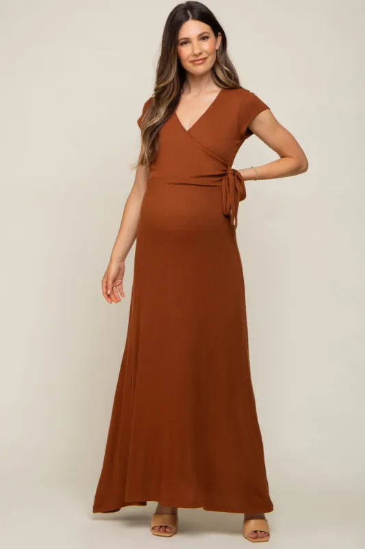 Rust Ribbed Wrapped Front V-Neck Maternity Maxi Dress sold by Pinkblush
