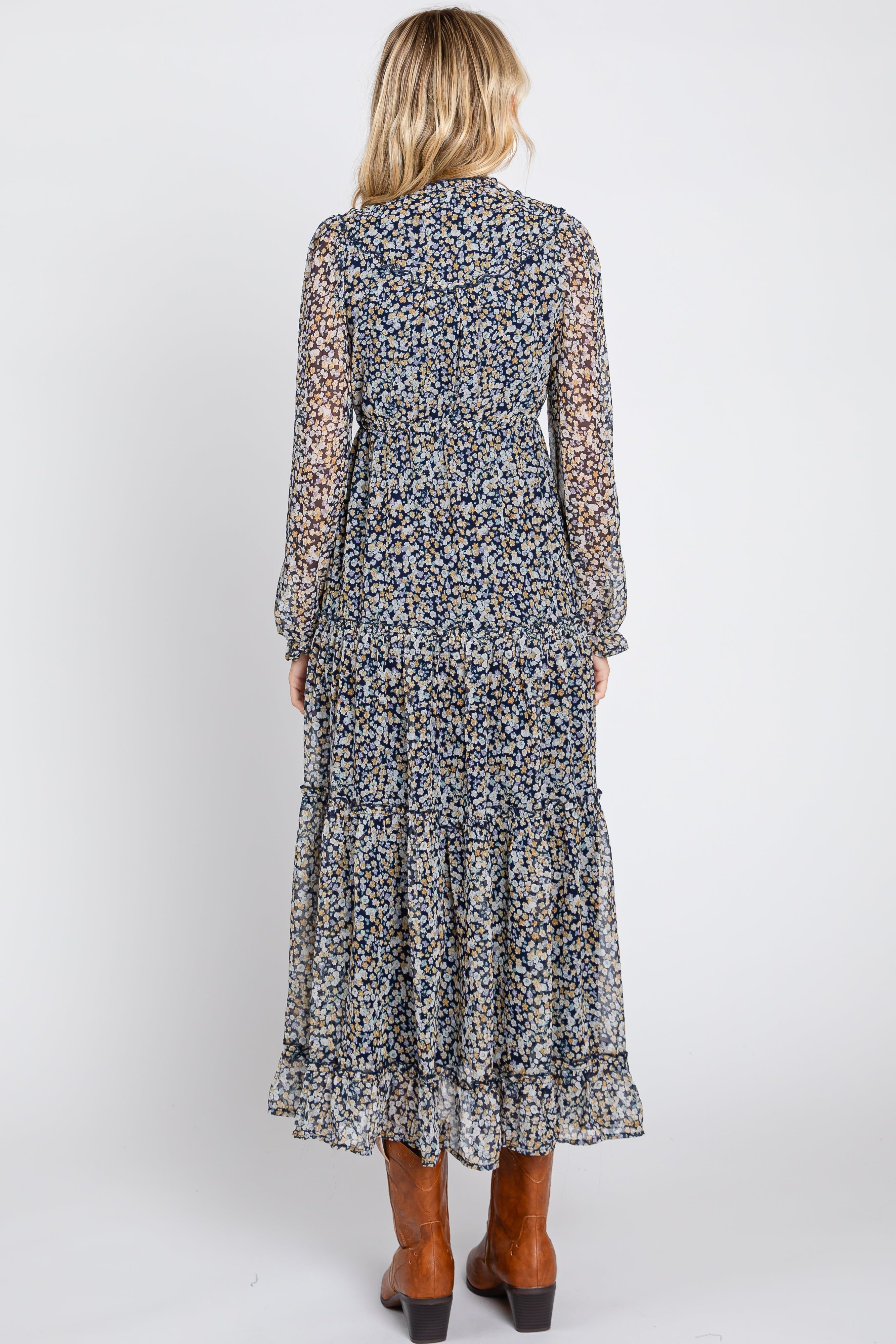 Navy Floral Ruffle Accent Tiered Midi Dress sold by Pinkblush product image thumbnail 3
