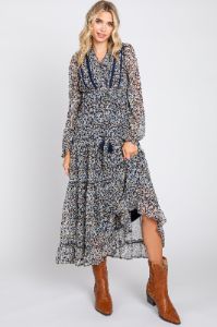 Navy Floral Ruffle Accent Tiered Midi Dress sold by Pinkblush