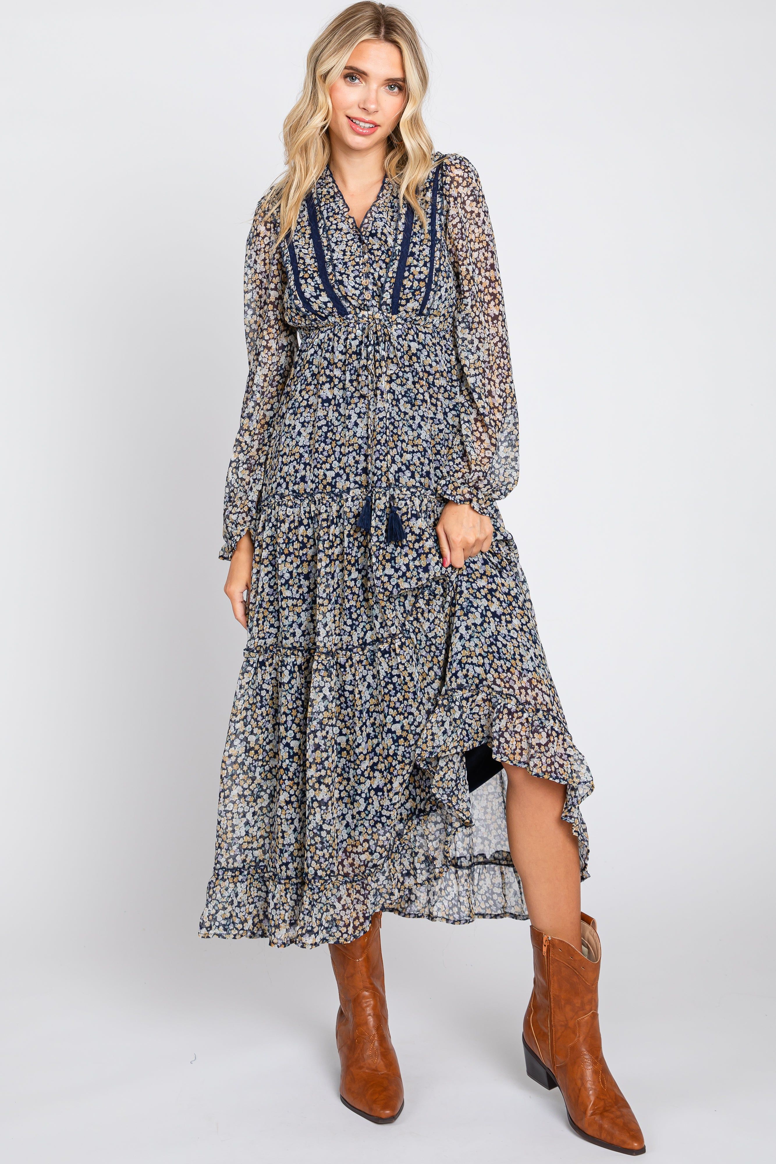 Navy Floral Ruffle Accent Tiered Midi Dress sold by Pinkblush product image thumbnail 4
