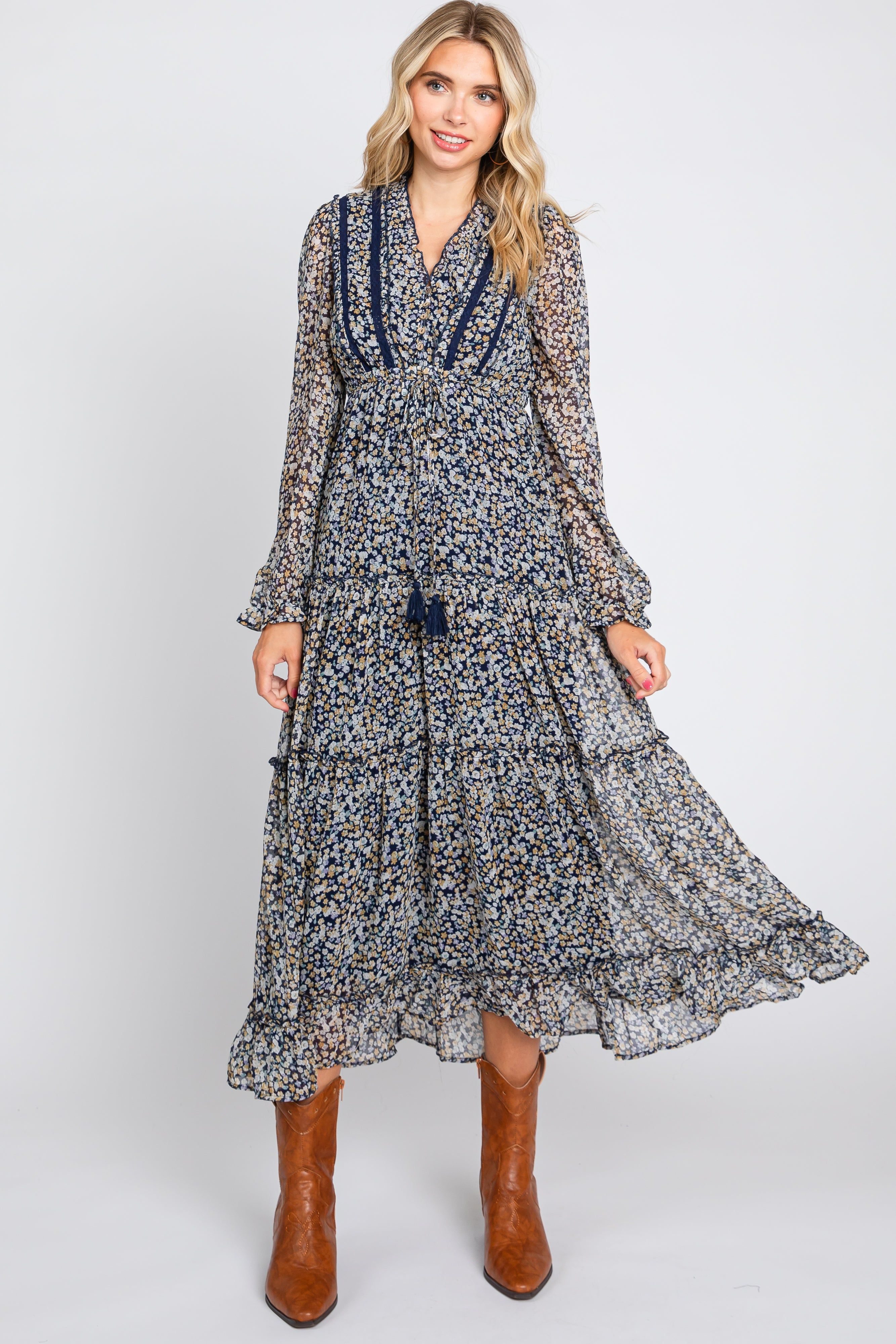 Navy Floral Ruffle Accent Tiered Midi Dress sold by Pinkblush