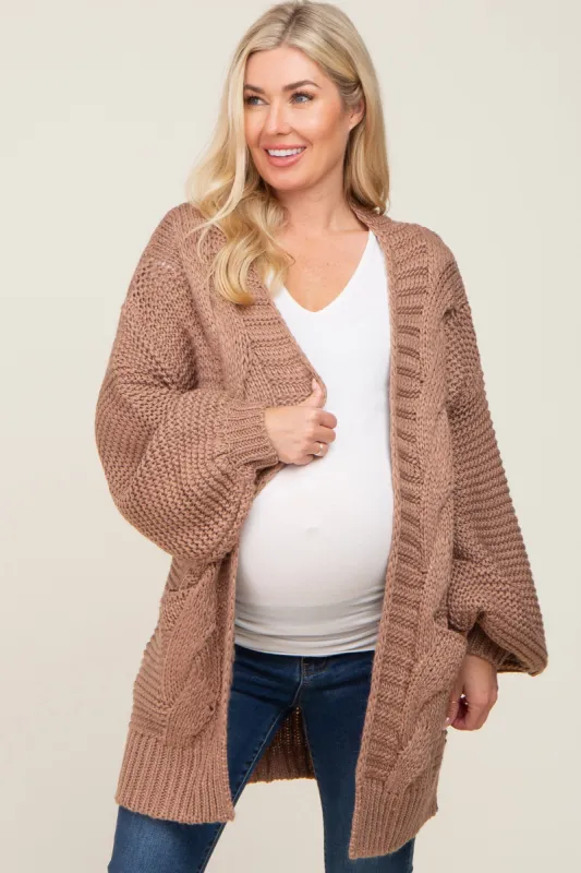 Brown Cable Knit Front Pocket Maternity Cardigan sold by Pinkblush