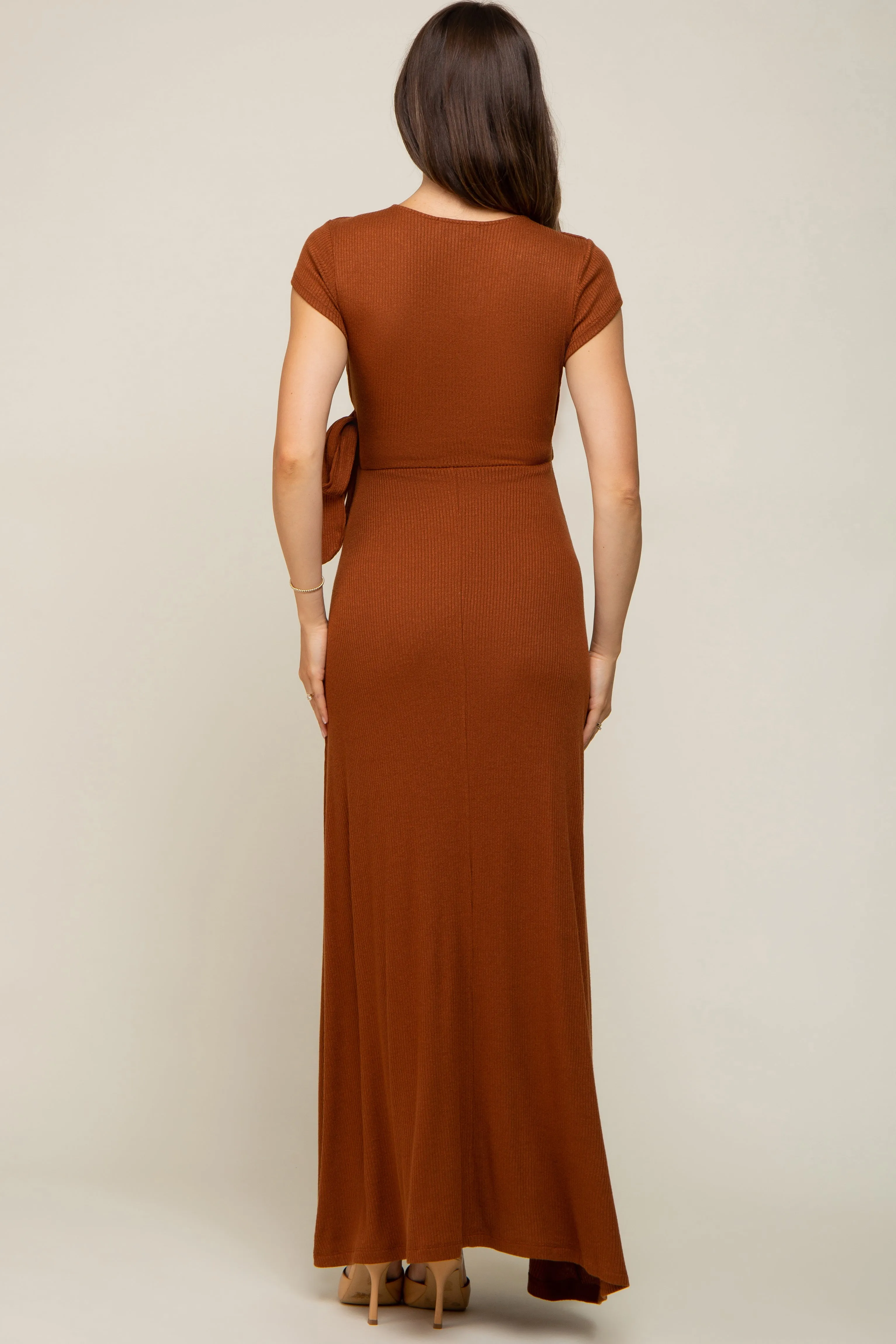 Rust Ribbed Wrapped Front V-Neck Maternity Maxi Dress sold by Pinkblush product image thumbnail 3