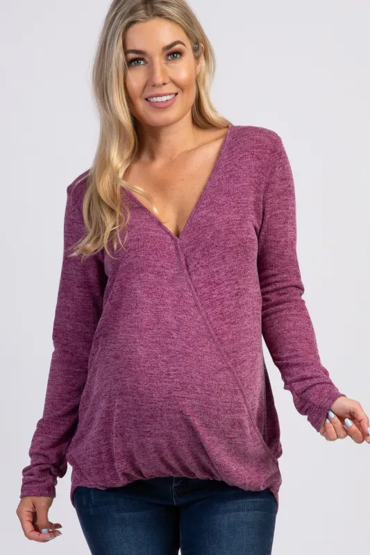 Burgundy Two-Tone Long Sleeve Maternity Wrap Top sold by Pinkblush