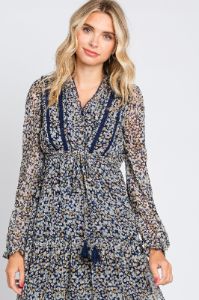 Navy Floral Ruffle Accent Tiered Midi Dress sold by Pinkblush