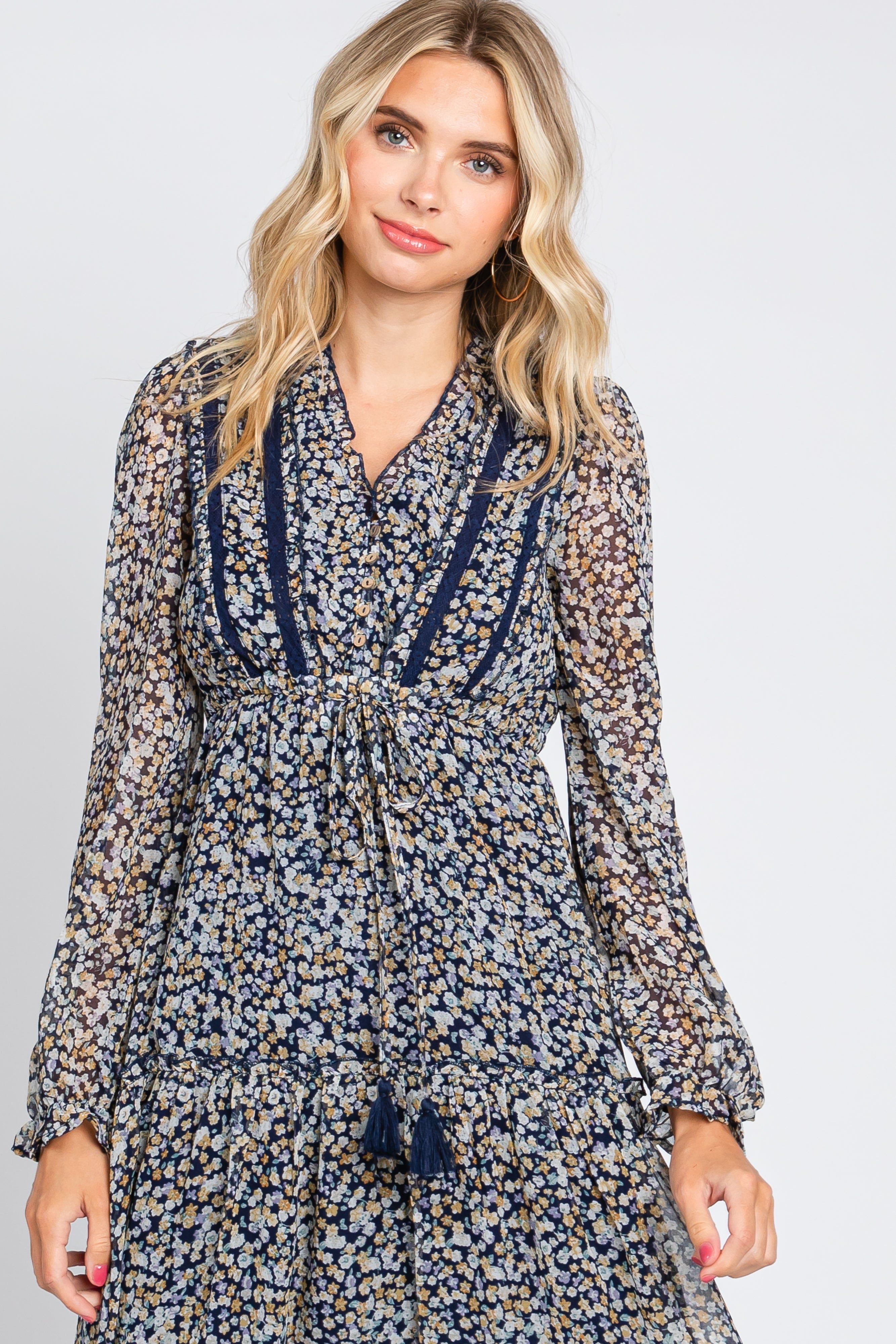 Navy Floral Ruffle Accent Tiered Midi Dress sold by Pinkblush product image thumbnail 5