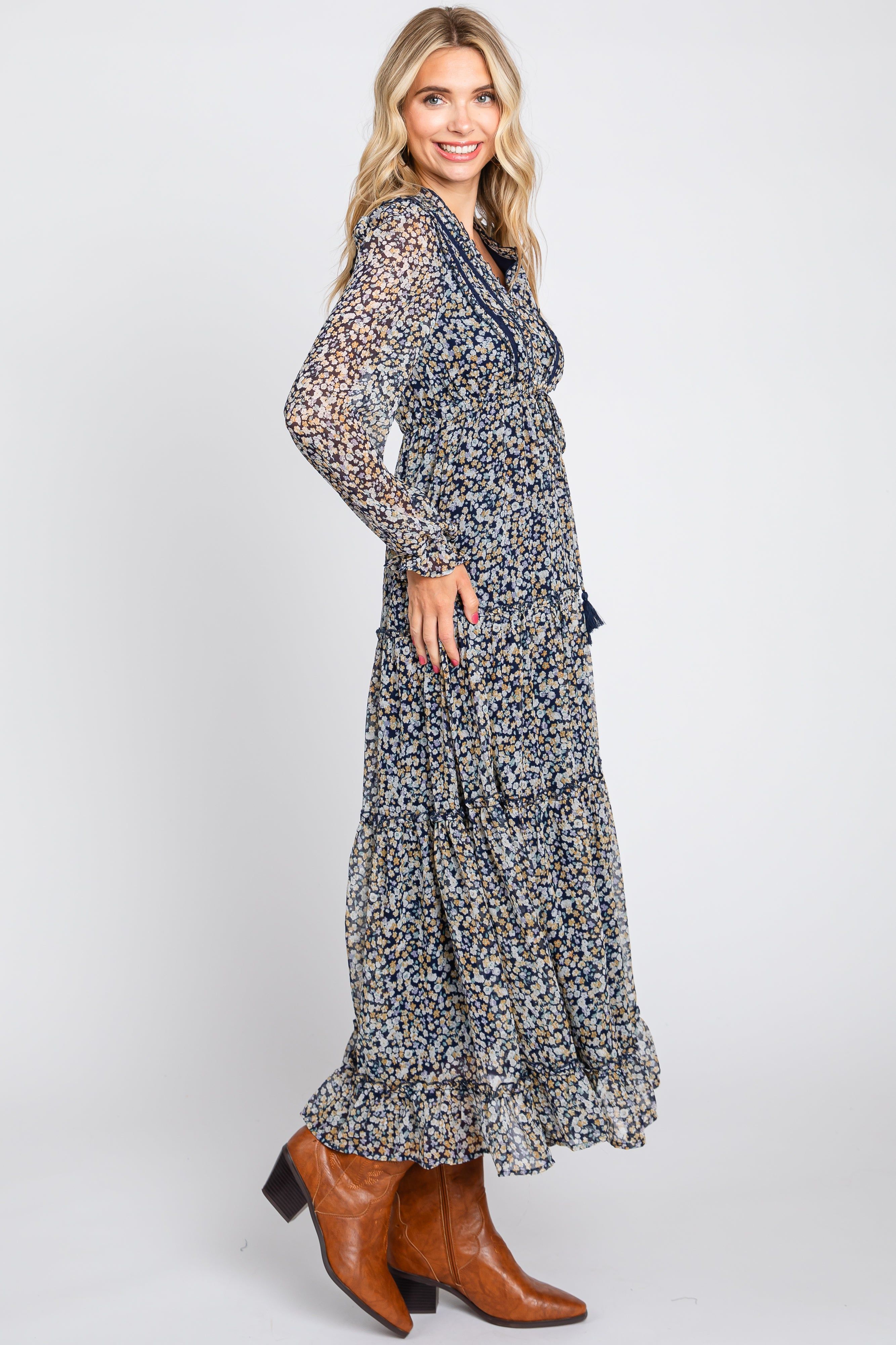 Navy Floral Ruffle Accent Tiered Midi Dress sold by Pinkblush product image thumbnail 2