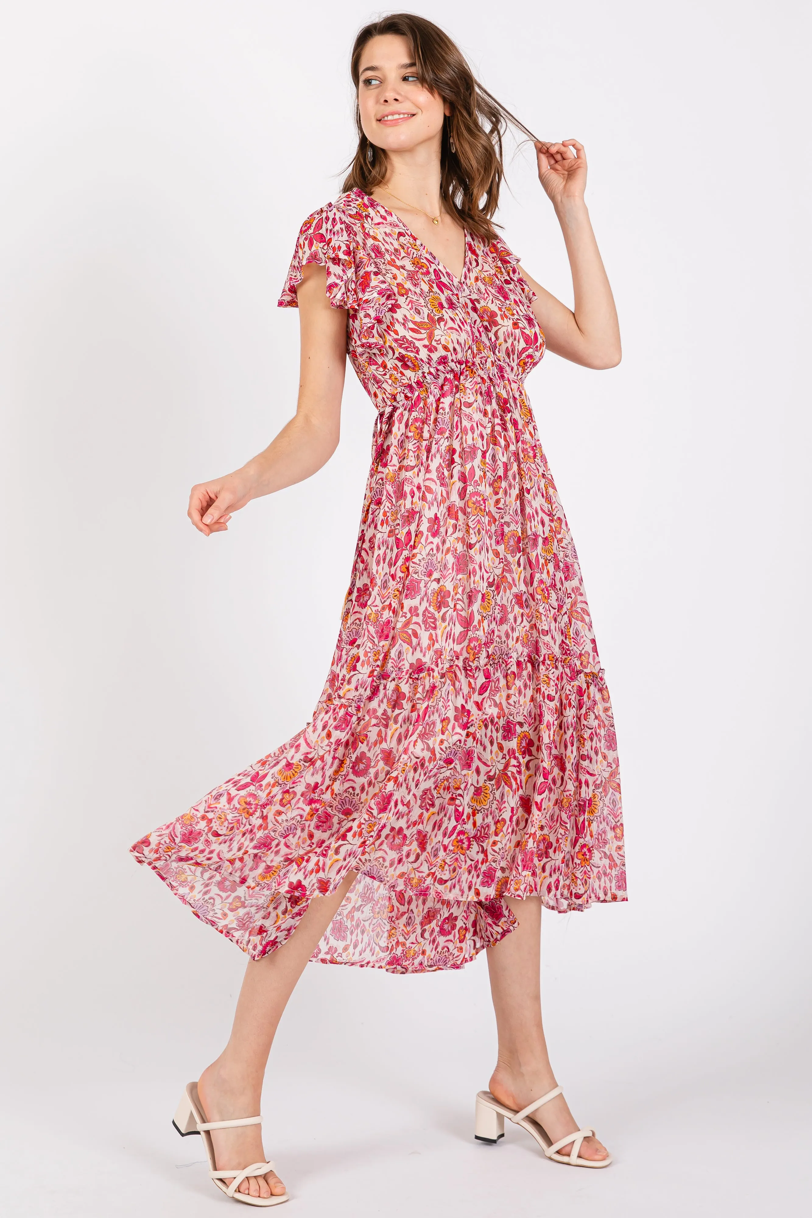 Pink Floral Chiffon Flutter Sleeve Ruffle Hem Midi Dress sold by Pinkblush product image thumbnail 3