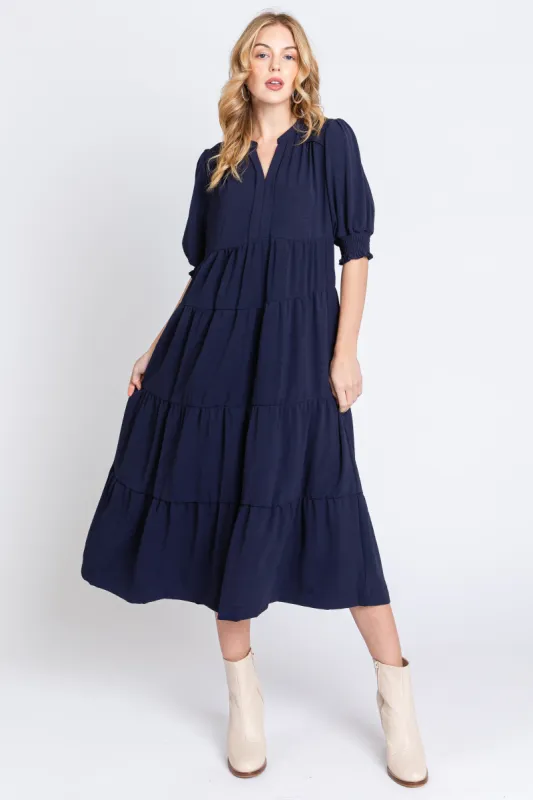 Navy Short Sleeve Tiered Midi Dress sold by Pinkblush