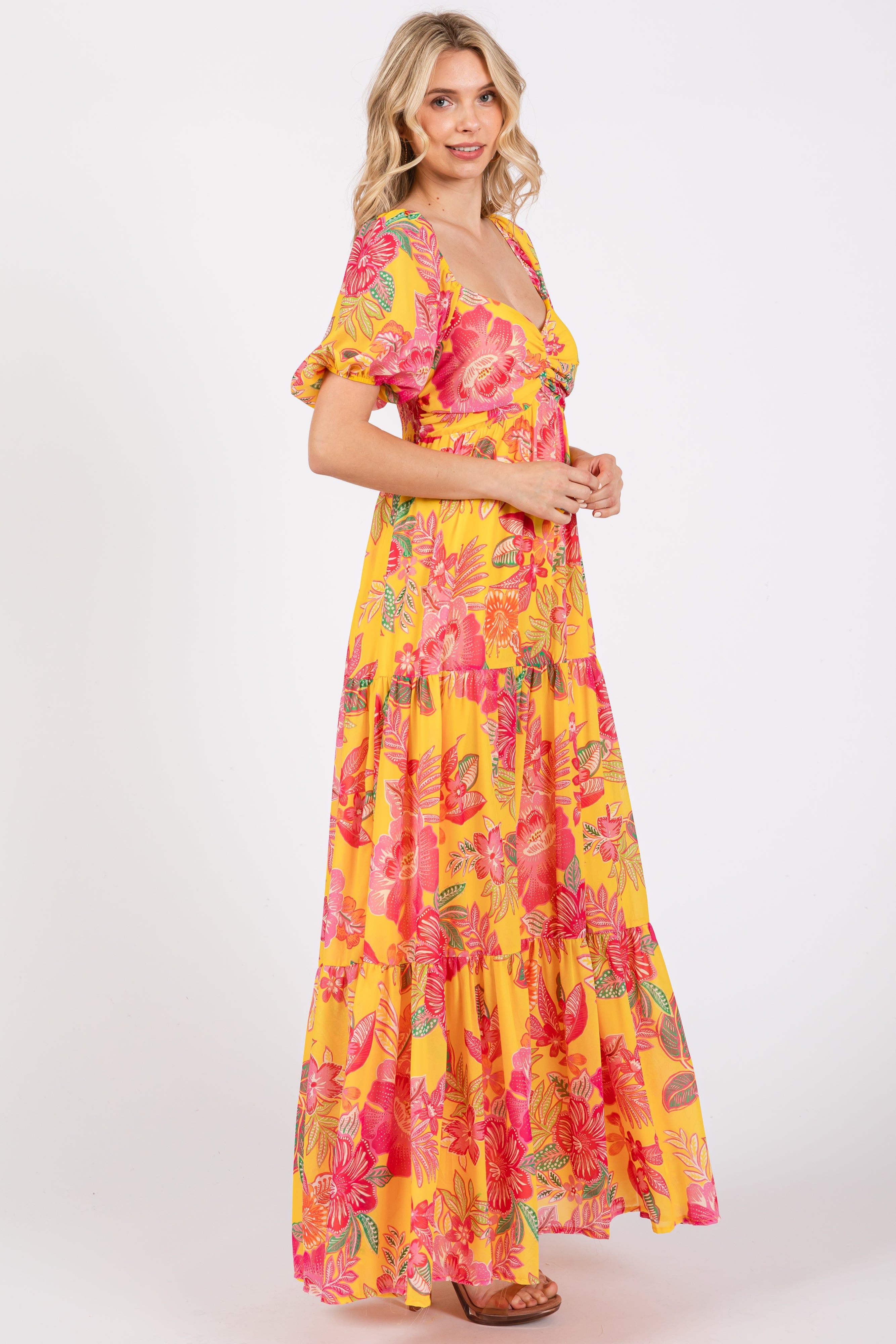 Yellow Floral Sweetheart Neck Tiered Maxi Dress sold by Pinkblush product image thumbnail 2
