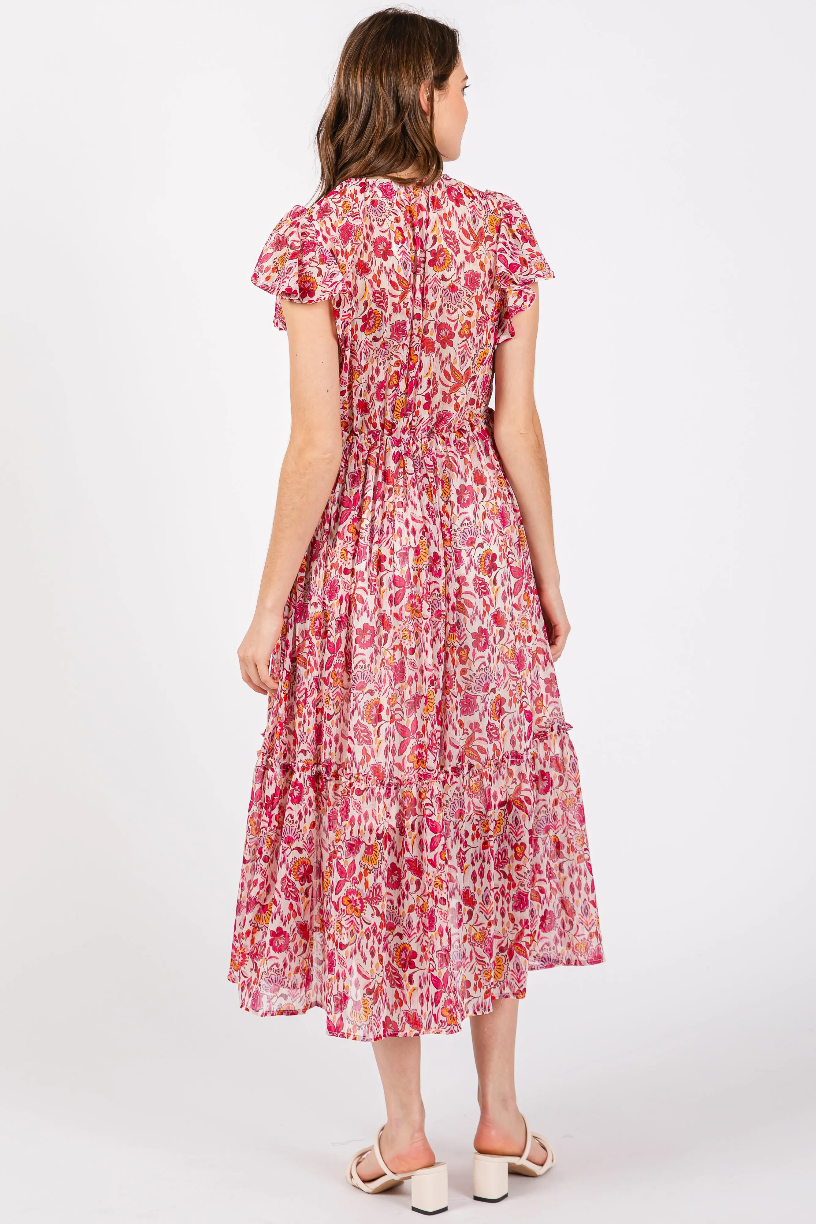 Pink Floral Chiffon Flutter Sleeve Ruffle Hem Midi Dress sold by Pinkblush product image thumbnail 4
