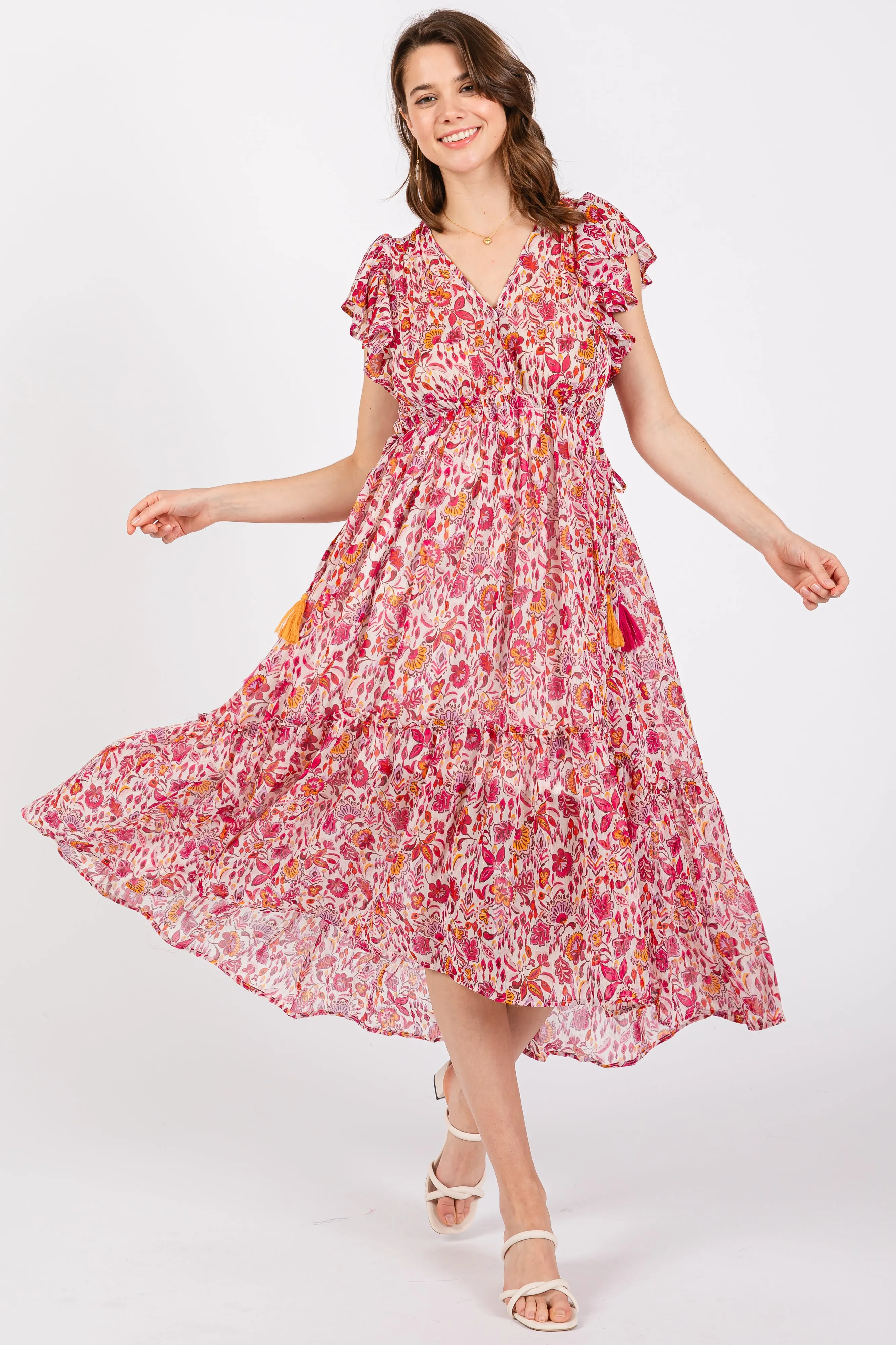 Pink Floral Chiffon Flutter Sleeve Ruffle Hem Midi Dress sold by Pinkblush product image thumbnail 2