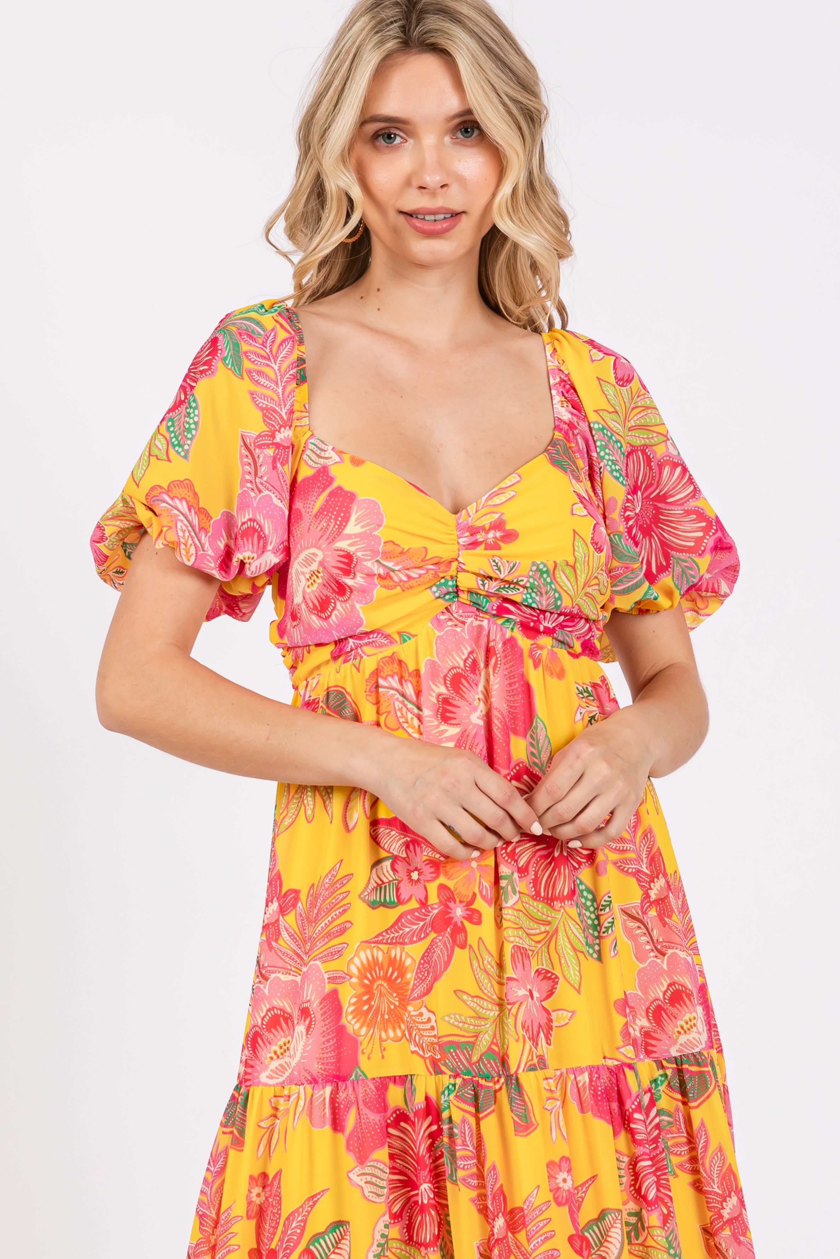 Yellow Floral Sweetheart Neck Tiered Maxi Dress sold by Pinkblush product image thumbnail 4