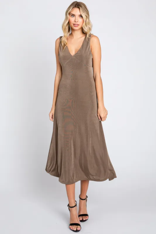 Mocha A-Line Draped Back Midi Dress sold by Pinkblush