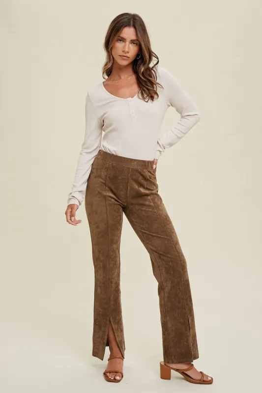 Mocha Suede Pants With Front Slit Detail sold by Pinkblush