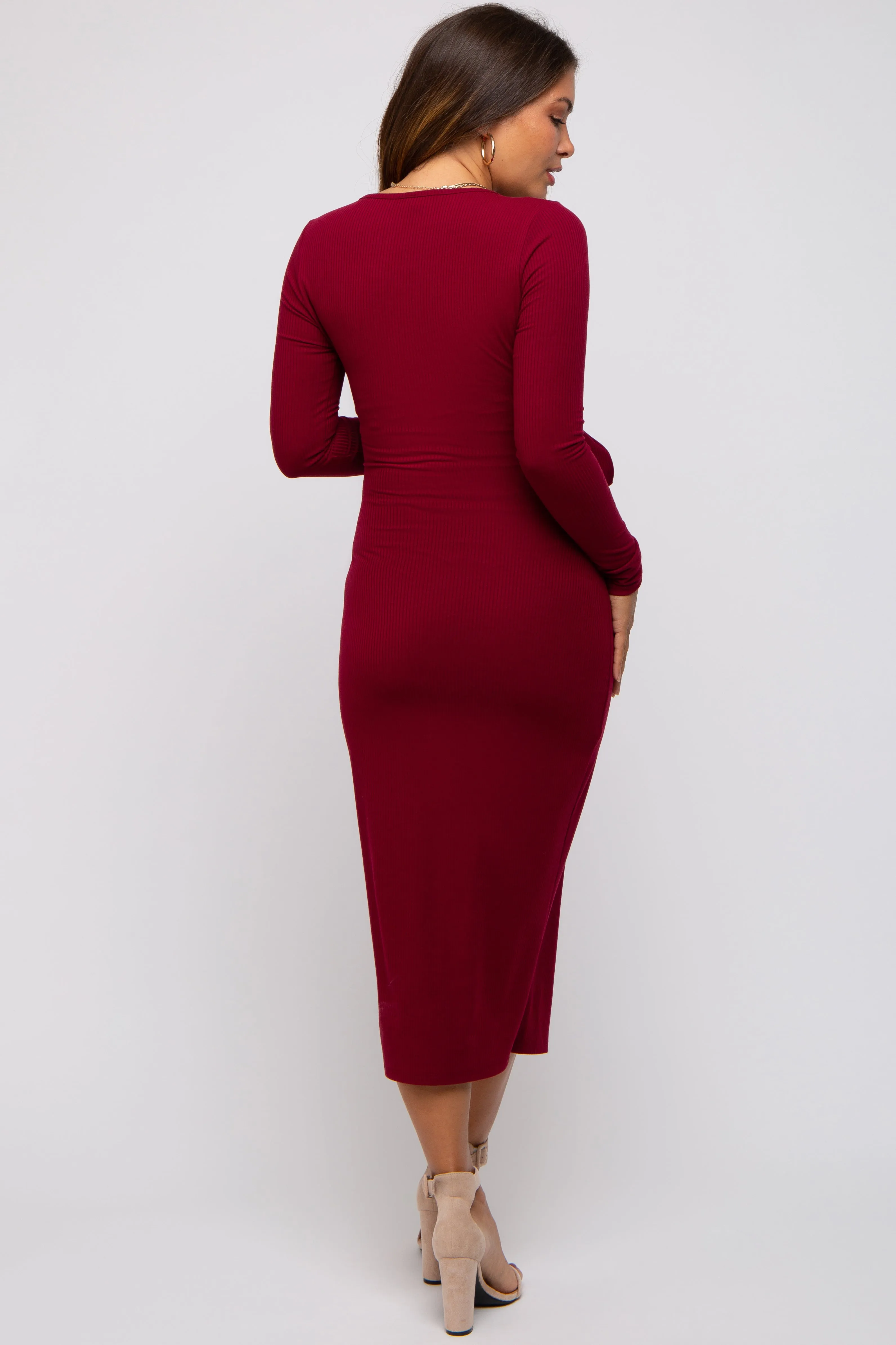 Burgundy Ribbed Long Sleeve Maternity Wrap Dress sold by Pinkblush product image thumbnail 4