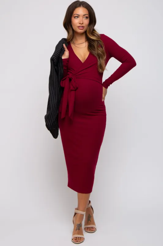 Burgundy Ribbed Long Sleeve Maternity Wrap Dress sold by Pinkblush