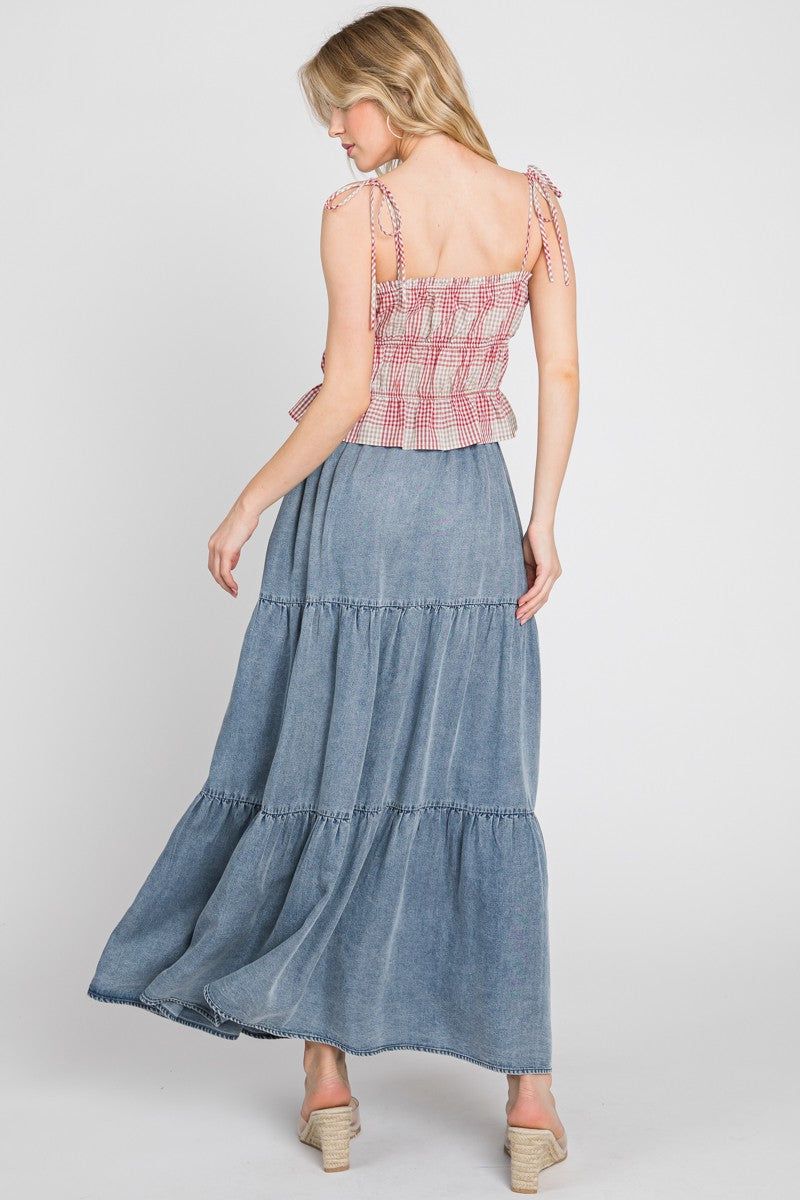 Denim Chambray Tiered Maxi Skirt sold by Pinkblush product image thumbnail 3