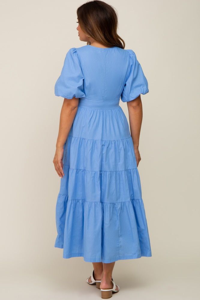 Blue Linen Wrap V-Neck Short Sleeve Tiered Maternity Midi Dress sold by Pinkblush product image thumbnail 3
