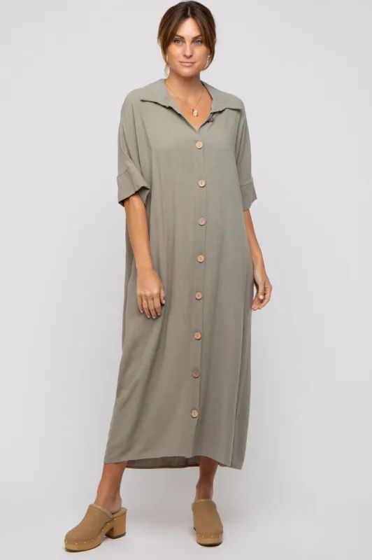 Olive Oversized Button Down Midi Dress sold by Pinkblush
