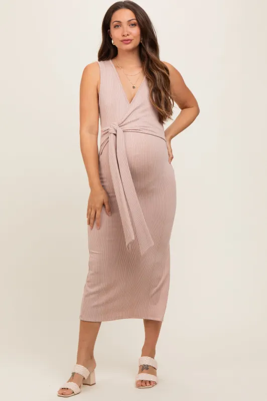 Taupe Ribbed Wrap Maternity Midi Dress sold by Pinkblush