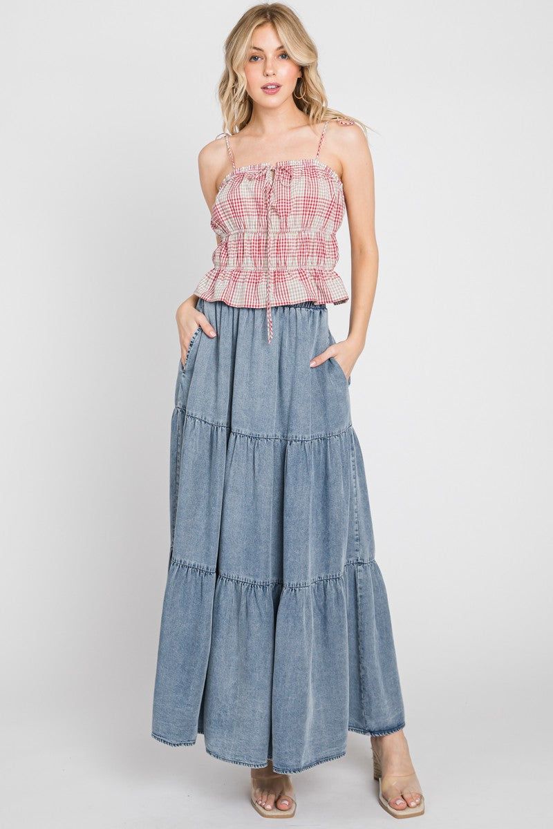 Denim Chambray Tiered Maxi Skirt sold by Pinkblush