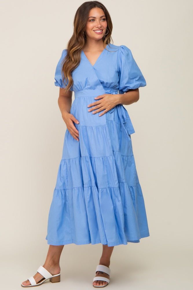 Blue Linen Wrap V-Neck Short Sleeve Tiered Maternity Midi Dress sold by Pinkblush product image thumbnail 4