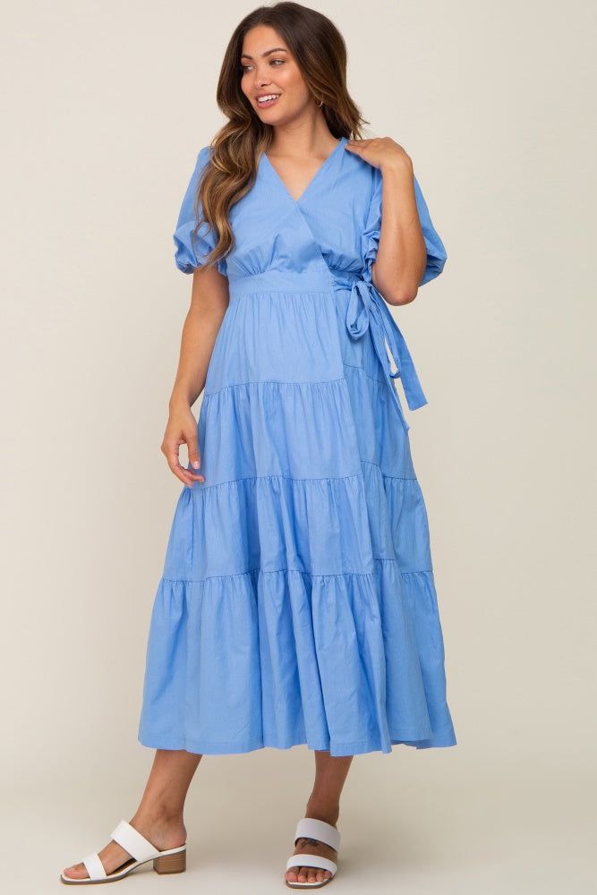 Blue Linen Wrap V-Neck Short Sleeve Tiered Maternity Midi Dress sold by Pinkblush