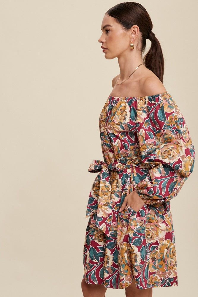 Magenta Floral Print Scoop Neck Puff Sleeve Mini Dress sold by Pinkblush product image thumbnail 3