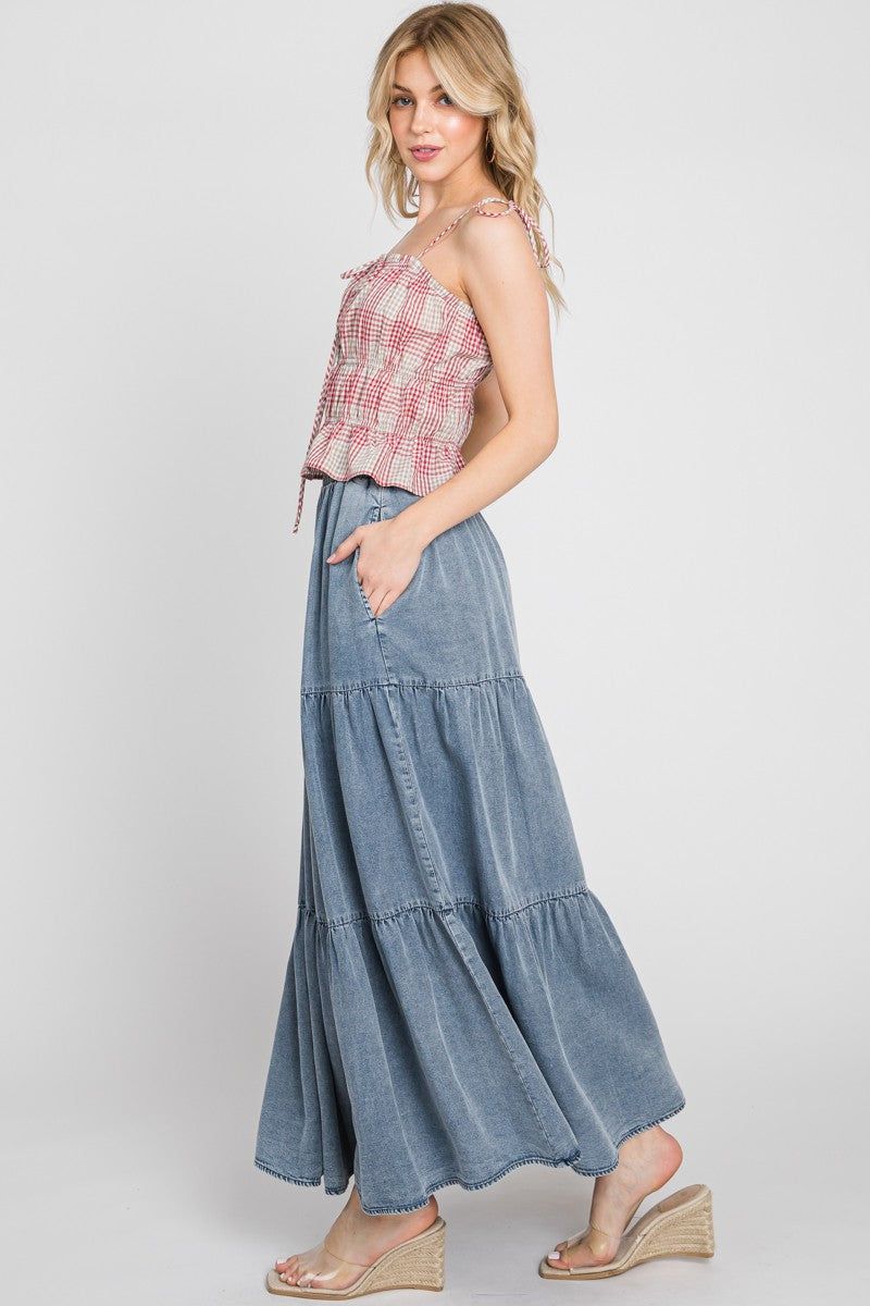 Denim Chambray Tiered Maxi Skirt sold by Pinkblush product image thumbnail 2