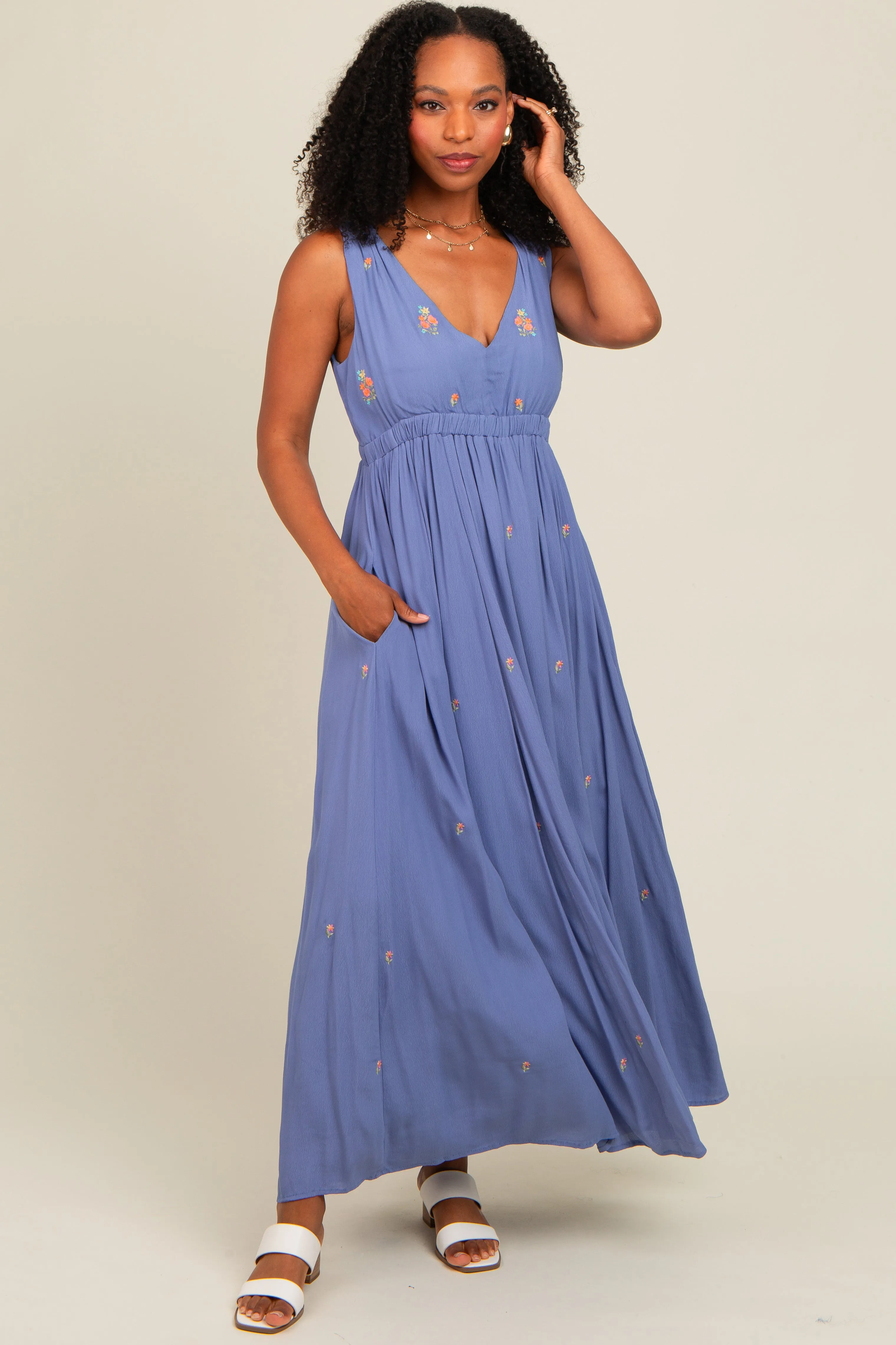 Perwinkle Floral Embroidered Sleeveless Maternity Maxi Dress sold by Pinkblush product image thumbnail 5