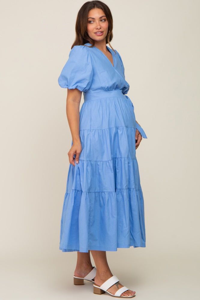 Blue Linen Wrap V-Neck Short Sleeve Tiered Maternity Midi Dress sold by Pinkblush product image thumbnail 2
