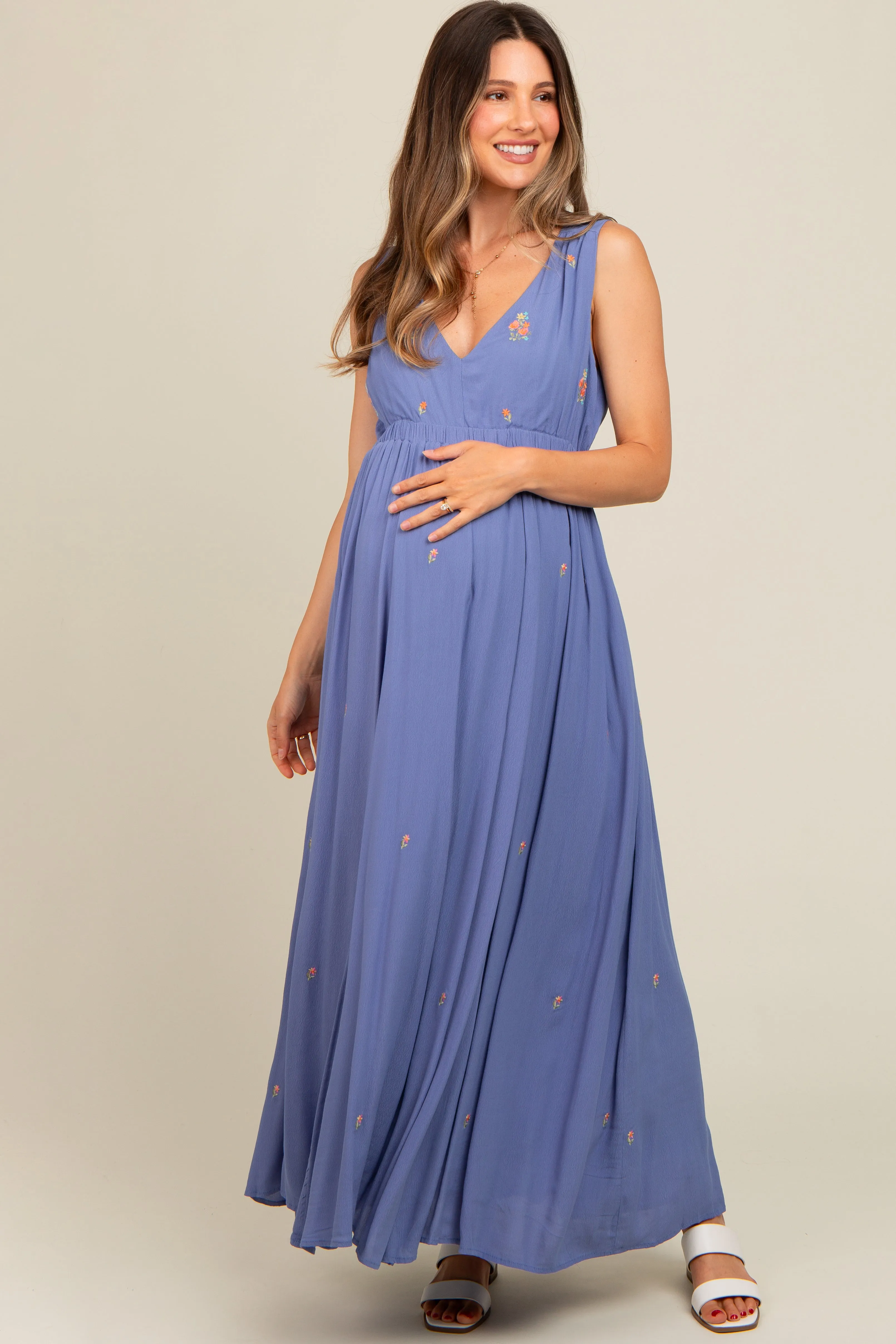 Perwinkle Floral Embroidered Sleeveless Maternity Maxi Dress sold by Pinkblush product image thumbnail 2