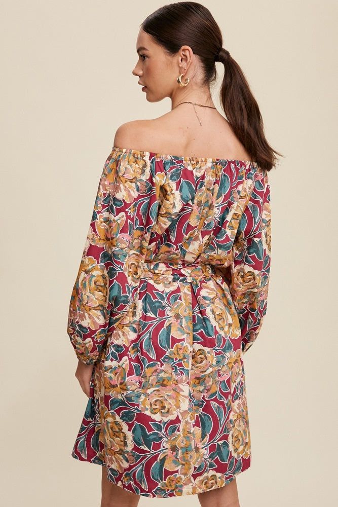 Magenta Floral Print Scoop Neck Puff Sleeve Mini Dress sold by Pinkblush product image thumbnail 4