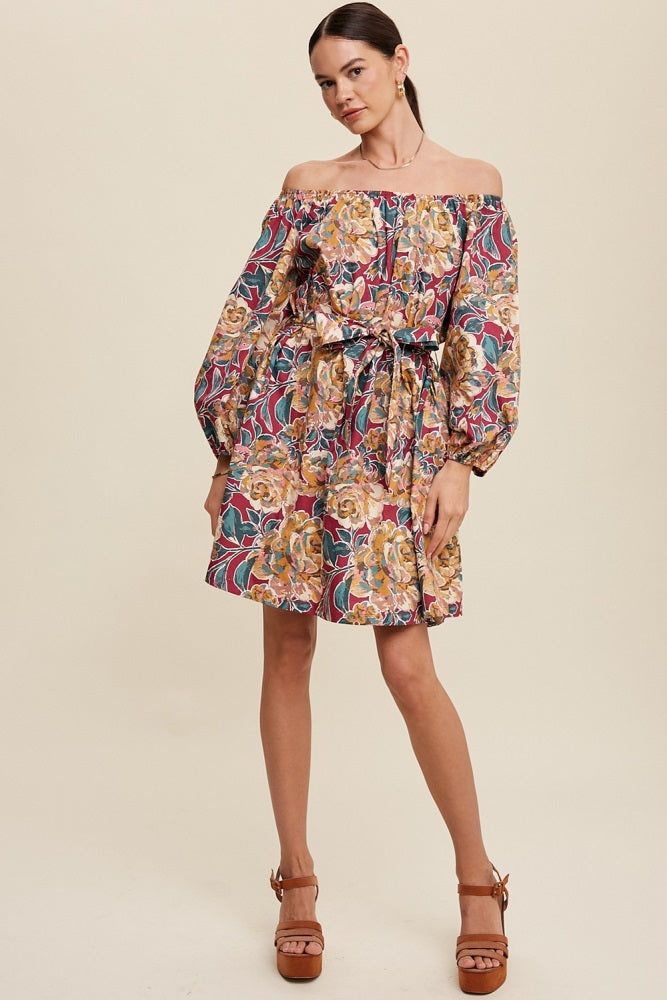 Magenta Floral Print Scoop Neck Puff Sleeve Mini Dress sold by Pinkblush