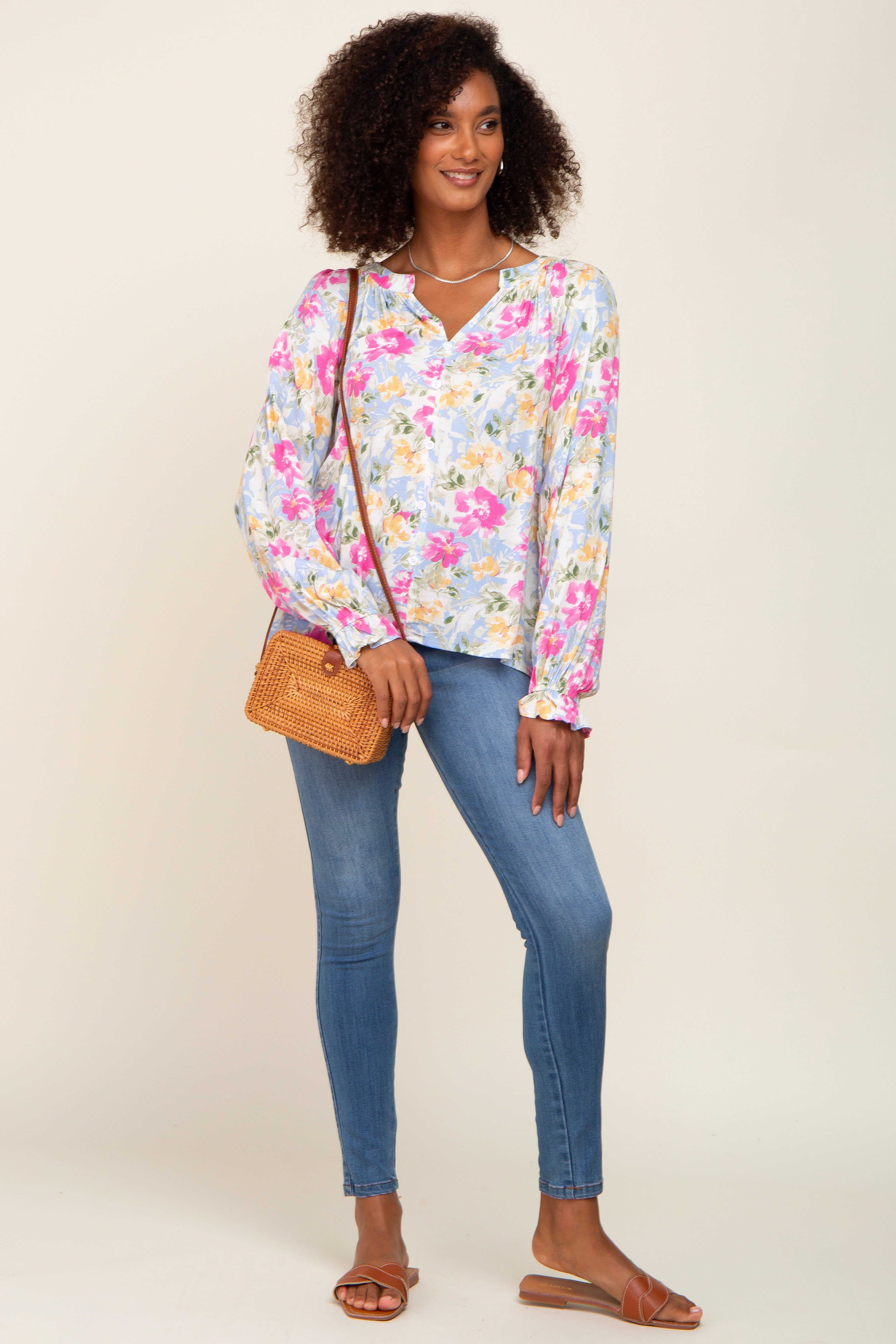 Blue Floral Button Front Long Sleeve Blouse sold by Pinkblush product image thumbnail 4