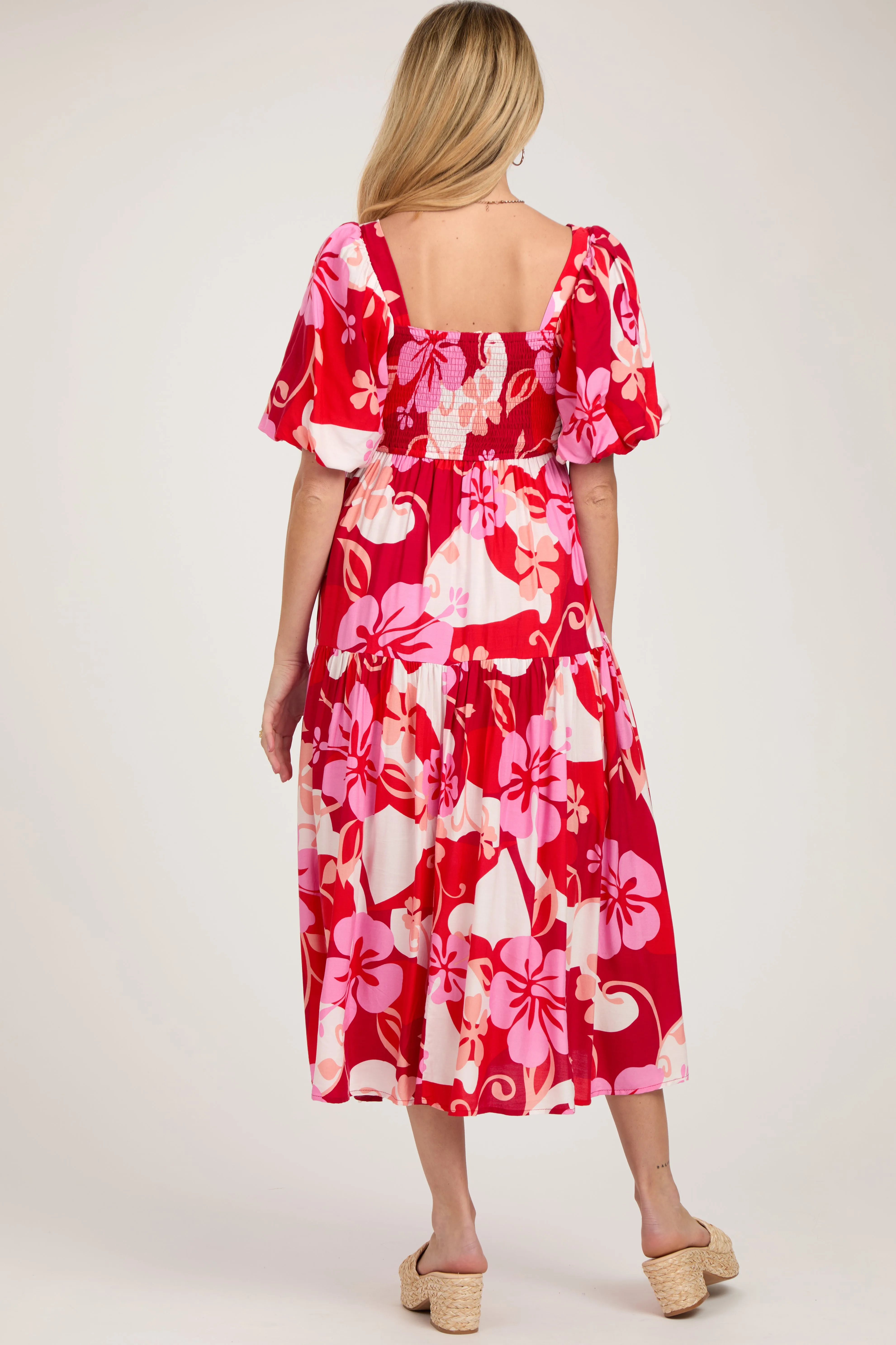 Red Floral Tiered Puff Sleeve Maternity Midi Dress sold by Pinkblush product image thumbnail 3