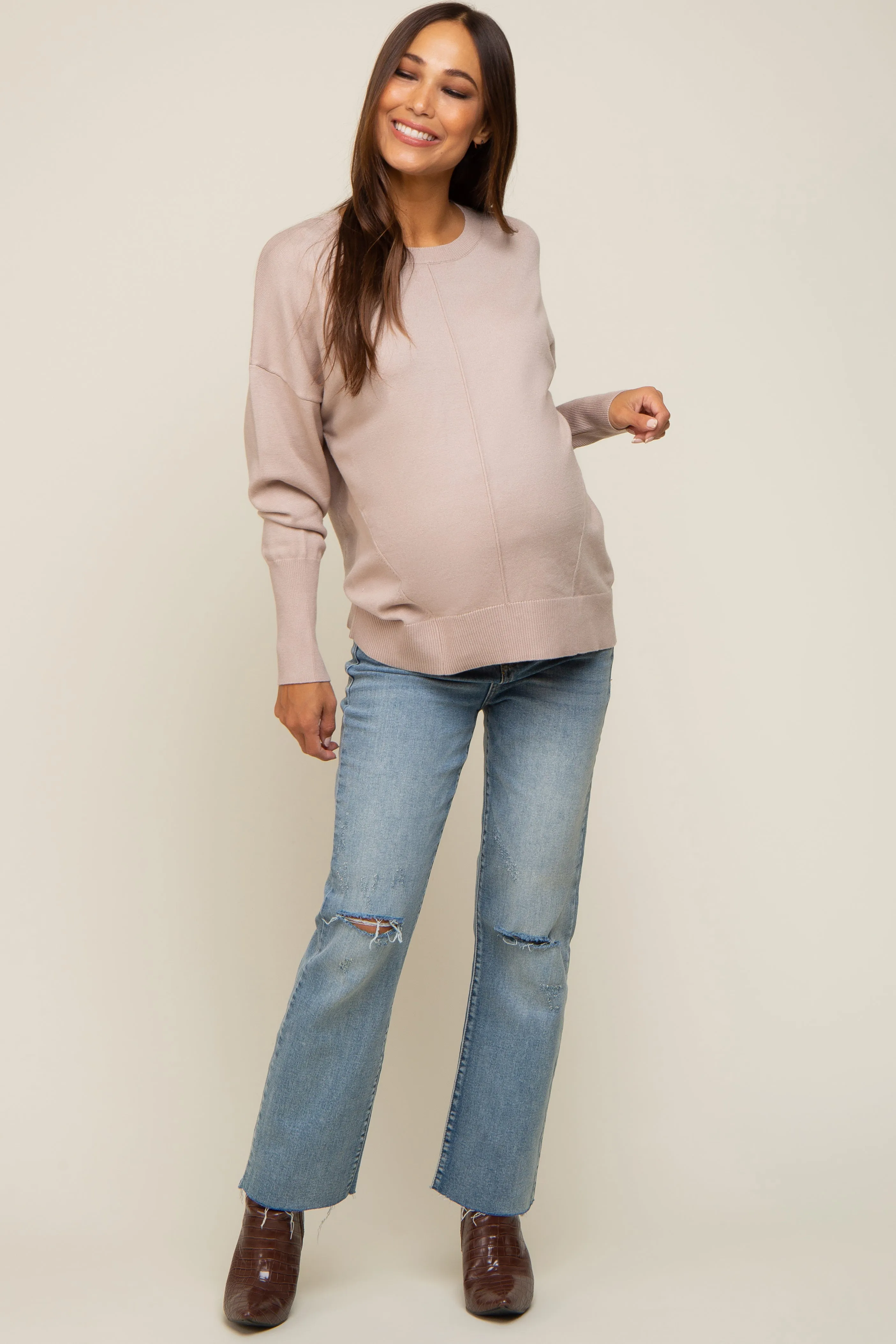 Beige Rib Knit Exposed Seam Maternity Sweater sold by Pinkblush product image thumbnail 4