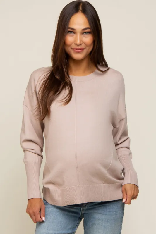Beige Rib Knit Exposed Seam Maternity Sweater sold by Pinkblush