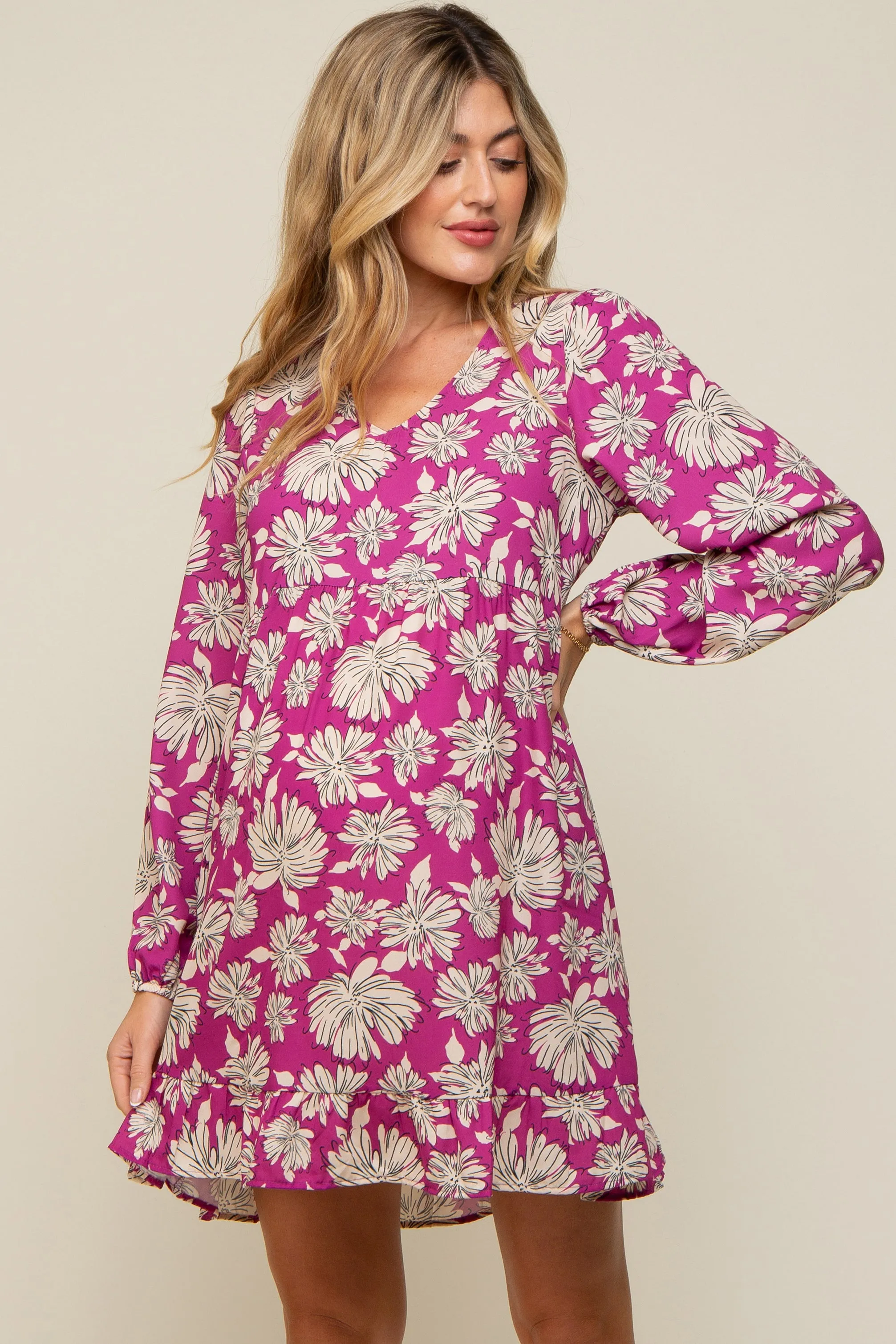 Magenta Floral V-Neck Long Sleeve Maternity Dress sold by Pinkblush product image thumbnail 2