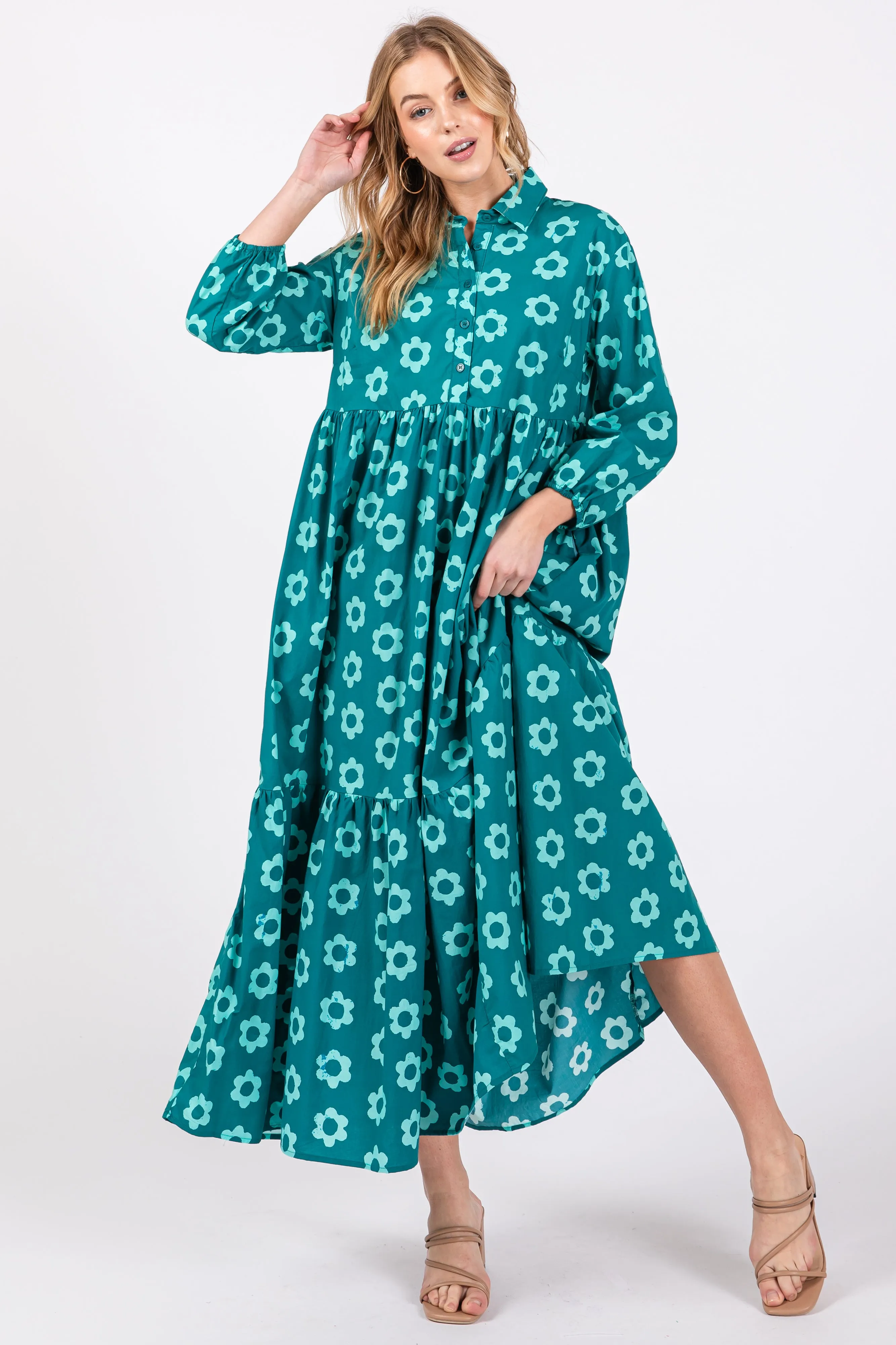Emerald Floral 3/4 Sleeve Collared Maxi Dress sold by Pinkblush product image thumbnail 4