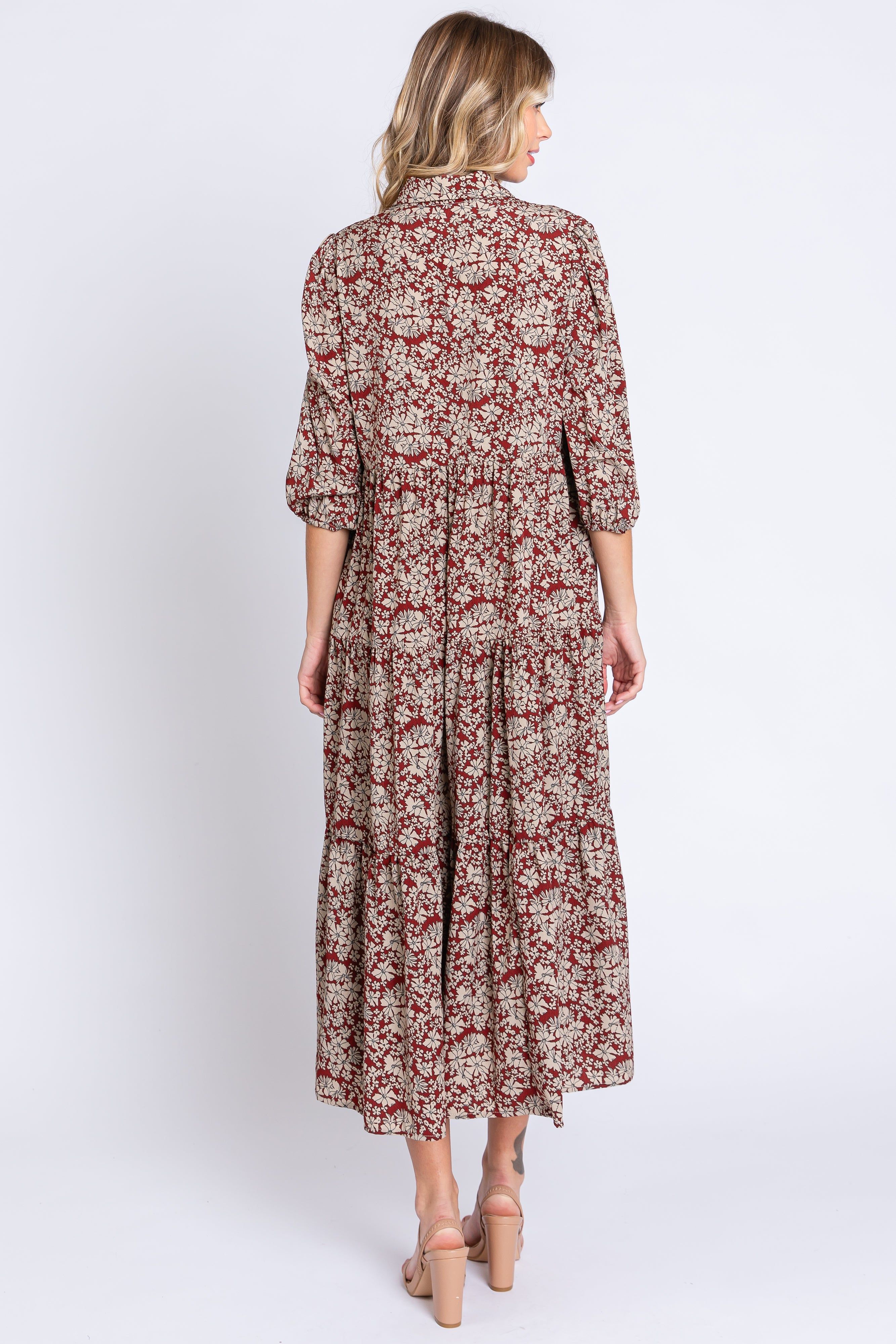 Burgundy Floral Collared Tiered Maxi Dress sold by Pinkblush product image thumbnail 3