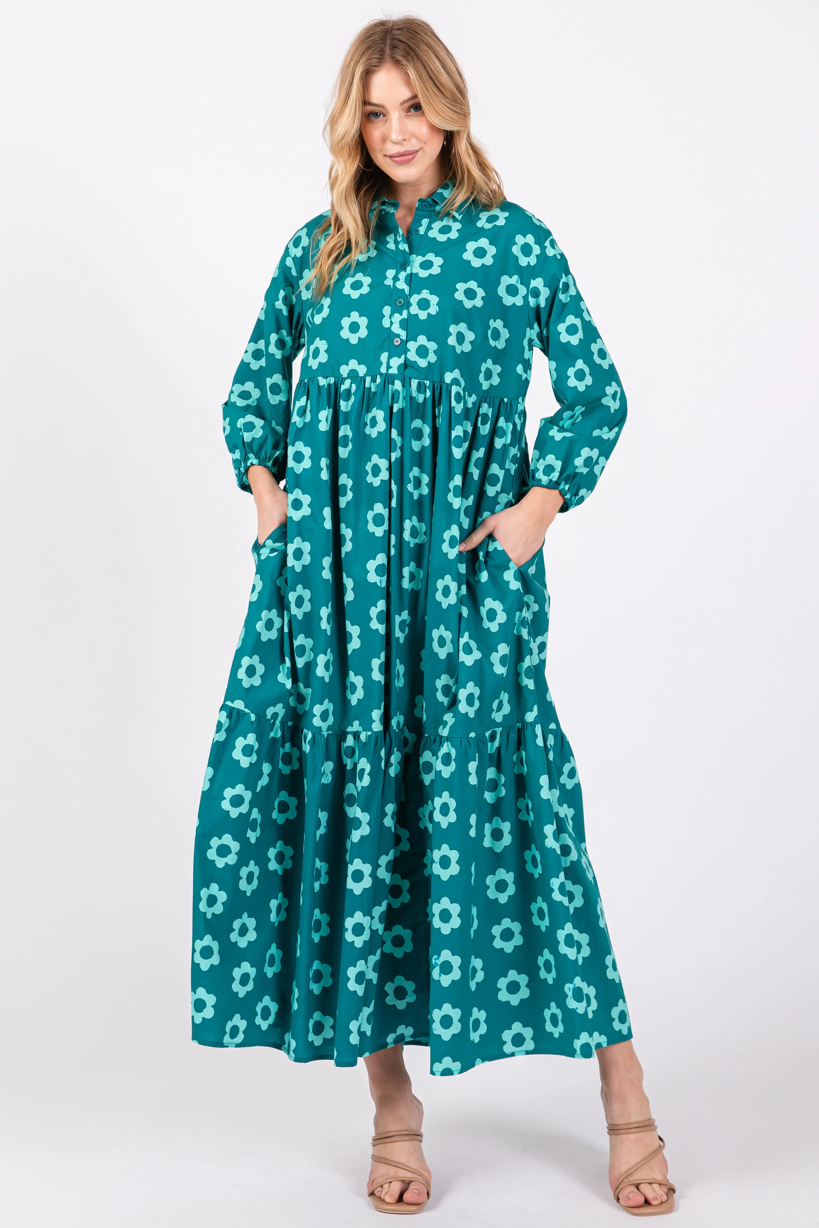 Emerald Floral 3/4 Sleeve Collared Maxi Dress sold by Pinkblush