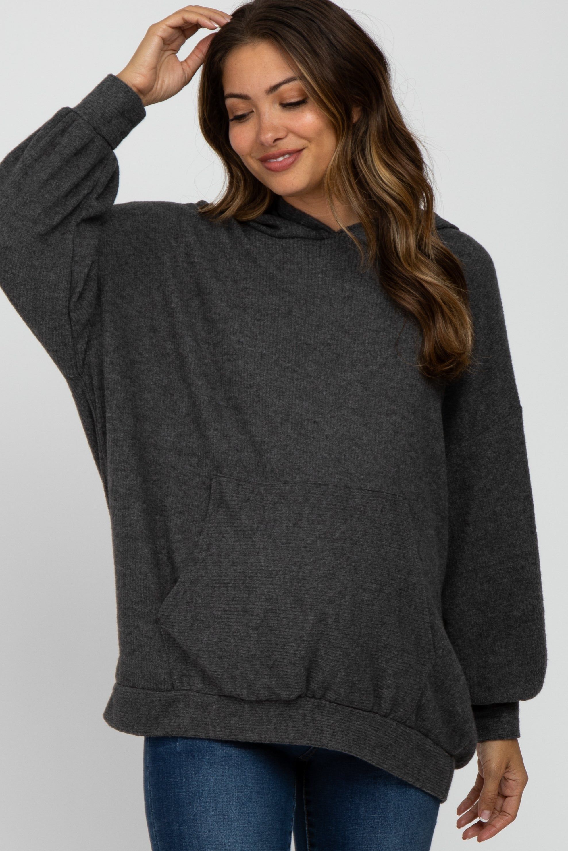 Charcoal Brushed Ribbed Maternity Hooded Top sold by Pinkblush