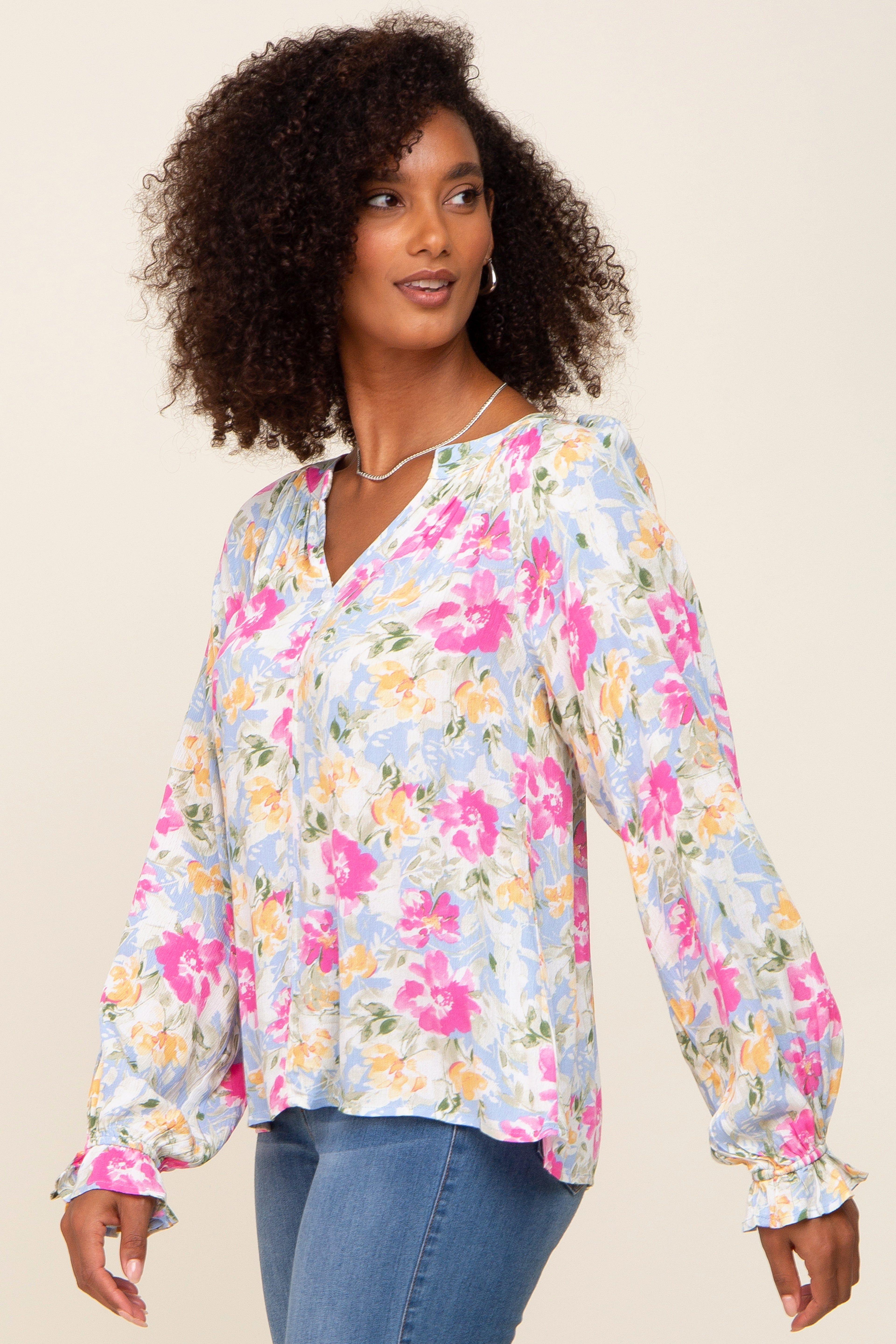 Blue Floral Button Front Long Sleeve Blouse sold by Pinkblush product image thumbnail 2