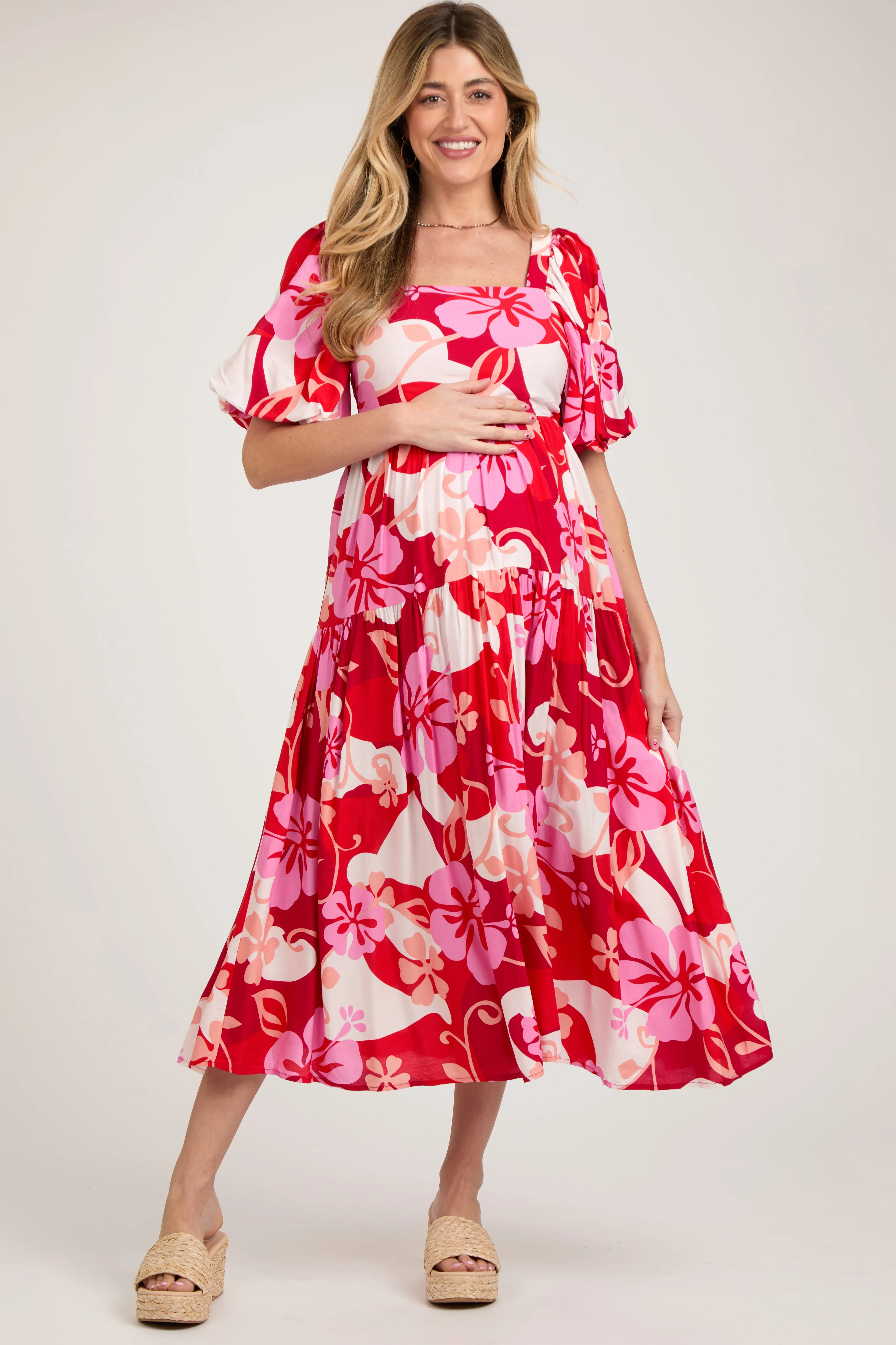 Red Floral Tiered Puff Sleeve Maternity Midi Dress sold by Pinkblush
